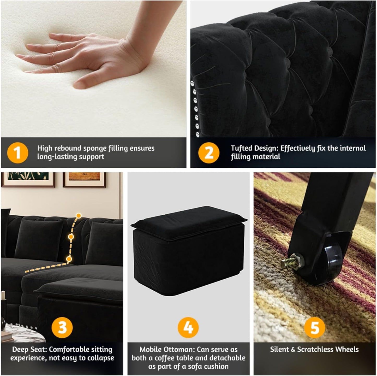 KEIKI 3-in-1 Velvet Chesterfield Sofa Bed with Ottoman, Convertible King Size Sleeper Couch, Rolled Arm Design, Comfortable 3-Seater for Living Room or Bedroom, Black