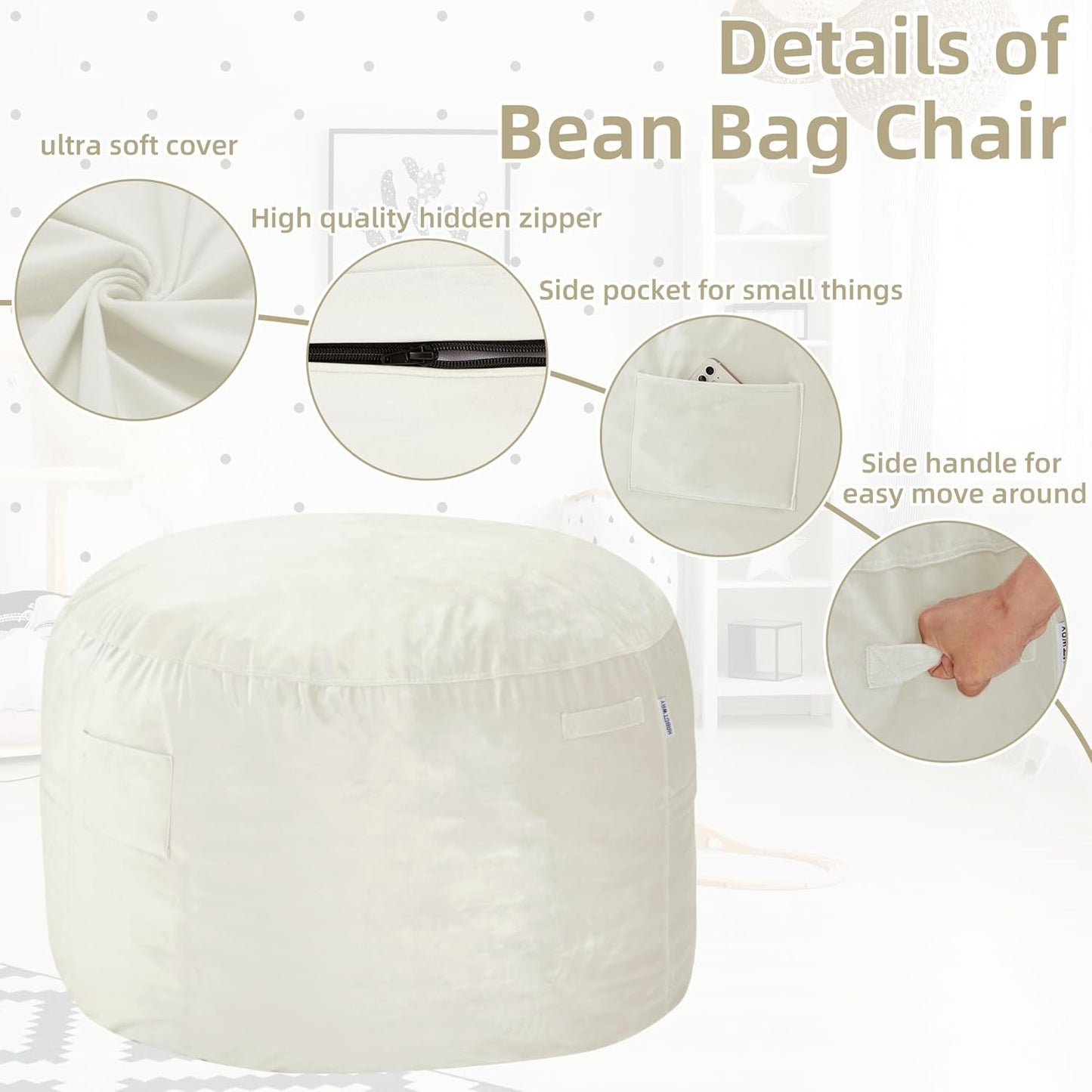 HABUTWAY Bean Bag Chair 3Ft Luxurious Velvet Ultra Soft Fur with High Rebound Memory Foam Bean Bag Chairs for Adults Plush Lazy Sofa with Fluffy Sponge 3' (Beige)