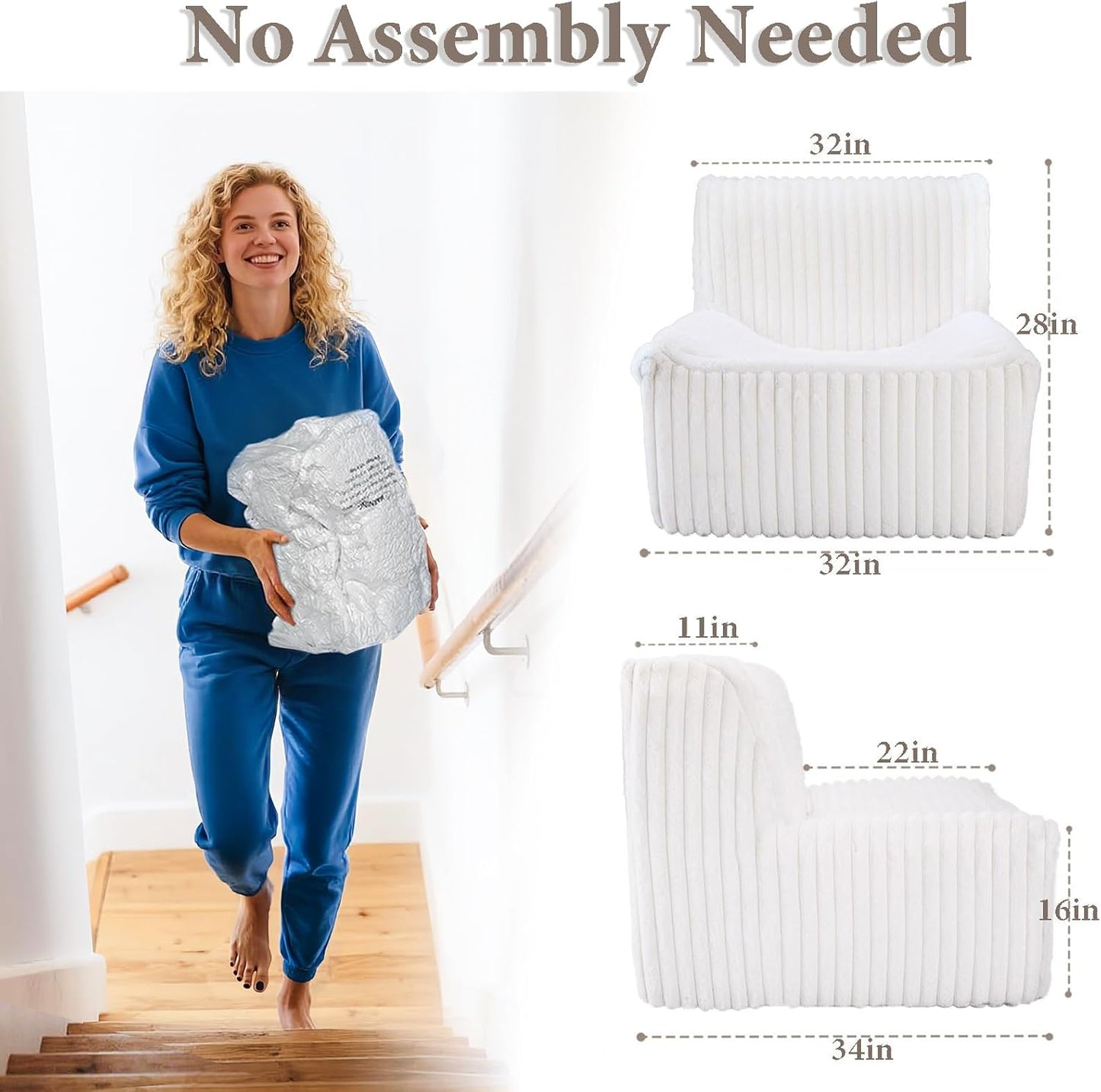 Trenda Super Comfy Lazy Sofa Chair, Soft Faux Fur Accent Chair for Living Room, Lounge Armless Floor Couch for Bedroom, Cozy Modern Single Sofa with Mememory Foam to Reading, Gaming (White)