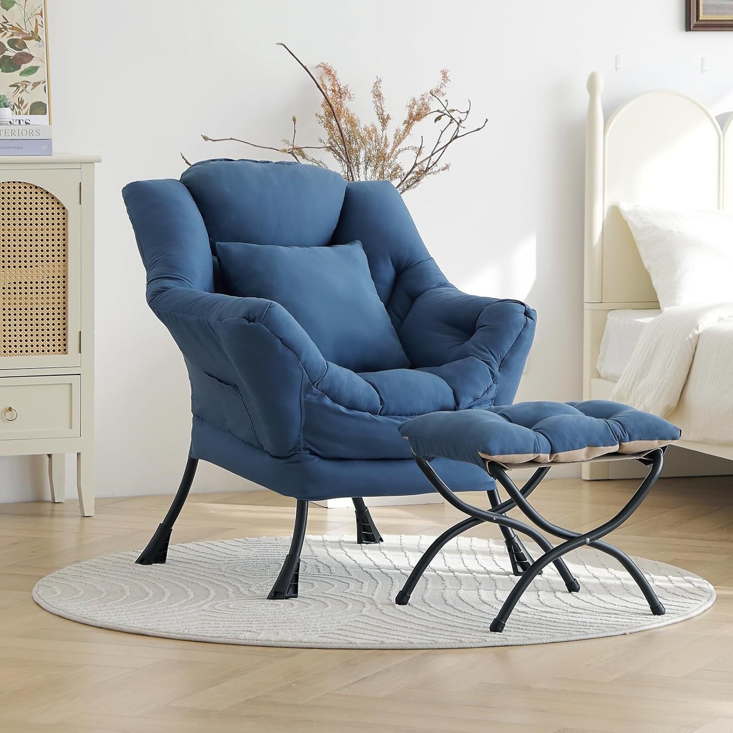 Lazy Chair with Ottoman, Reading Chair with a Pillow, Leisure Sofa Armchair with Ottoman, Large Accent Lounge Chair for Bedroom, Living Room, Dorm Room, Peach Royal Blue