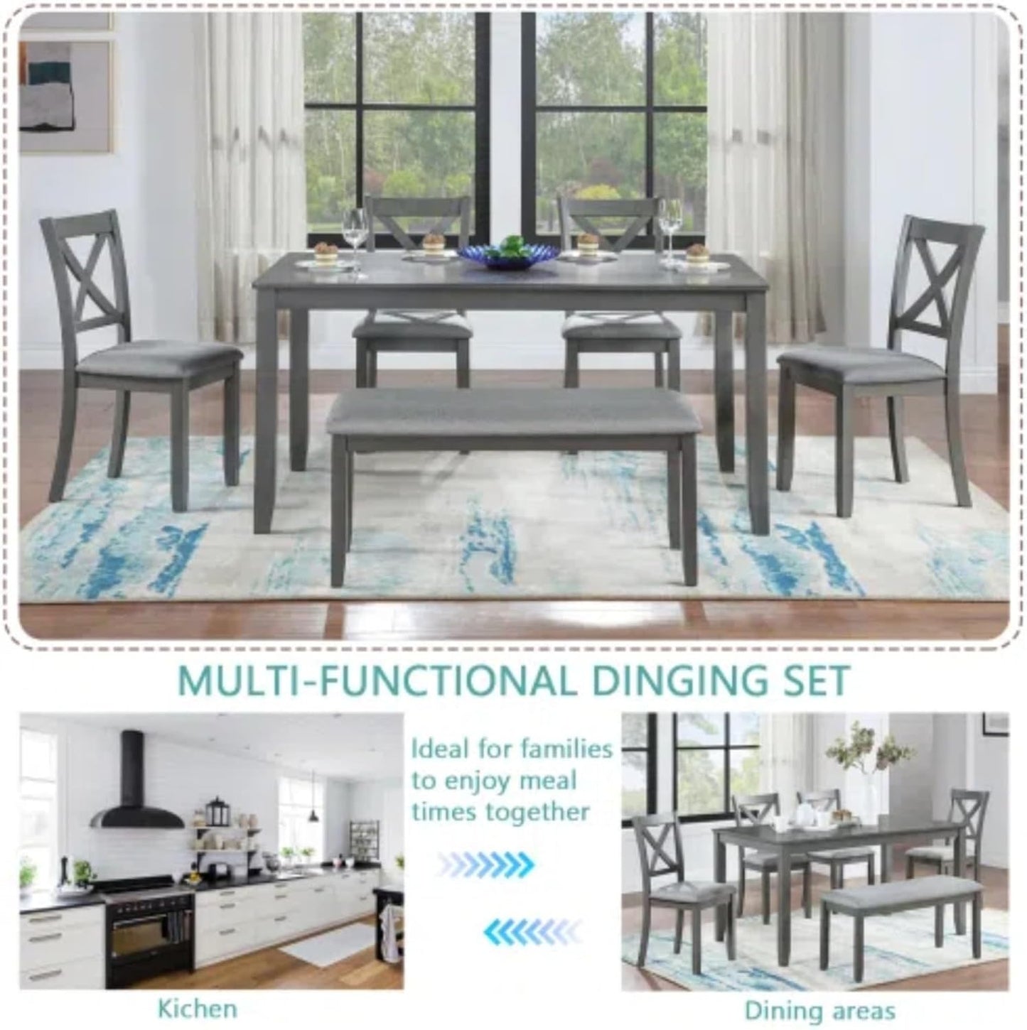 6-Piece Dining Table Set for 4-6 People, Kitchen Set with 4 Upholstered Chairs and One Bench, Living Room Chairs with X-Shape Backrest, Rectangular Wooden Table for Home Bar and Kitchen, Gray