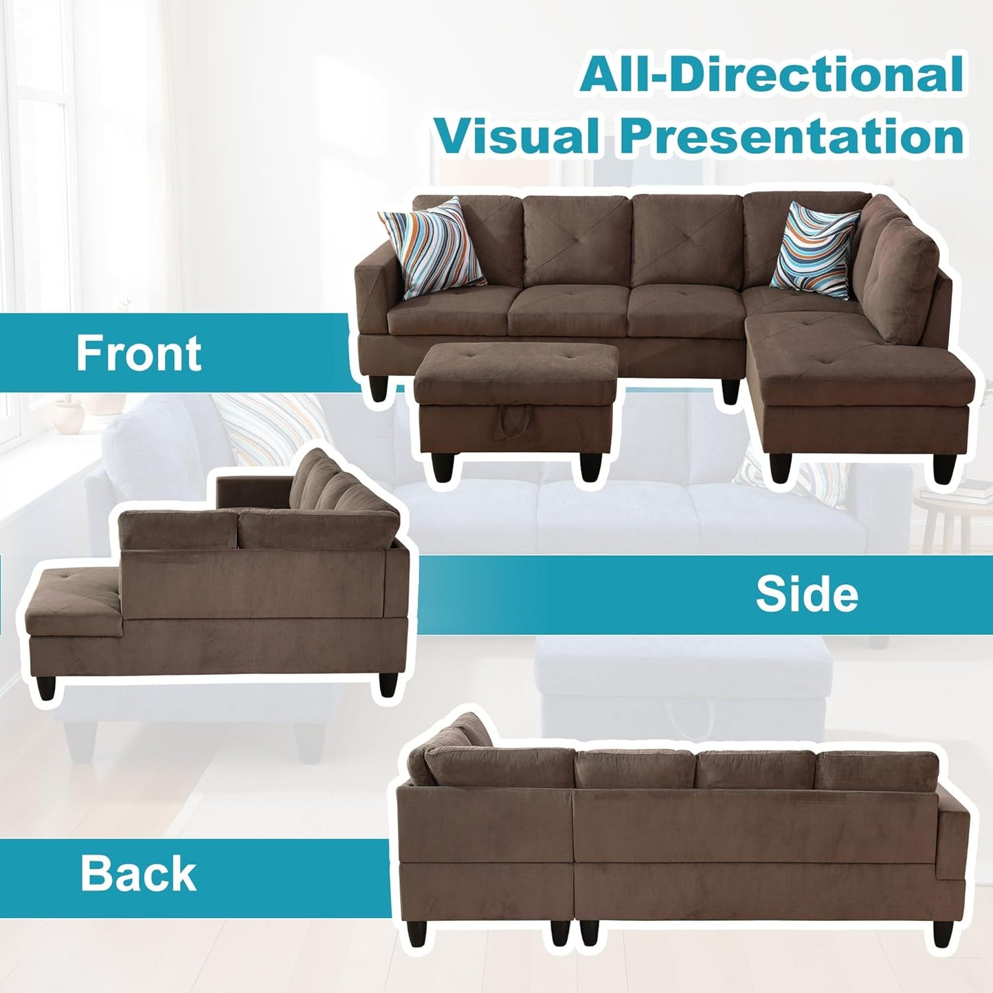 Couches for Living Room Modern L Shaped Couch Comfy Sackcloth Fabric 3 Pieces Sectional Sofa with Chaise, Ottoman with Storage for Office and Small Apartment, Brown