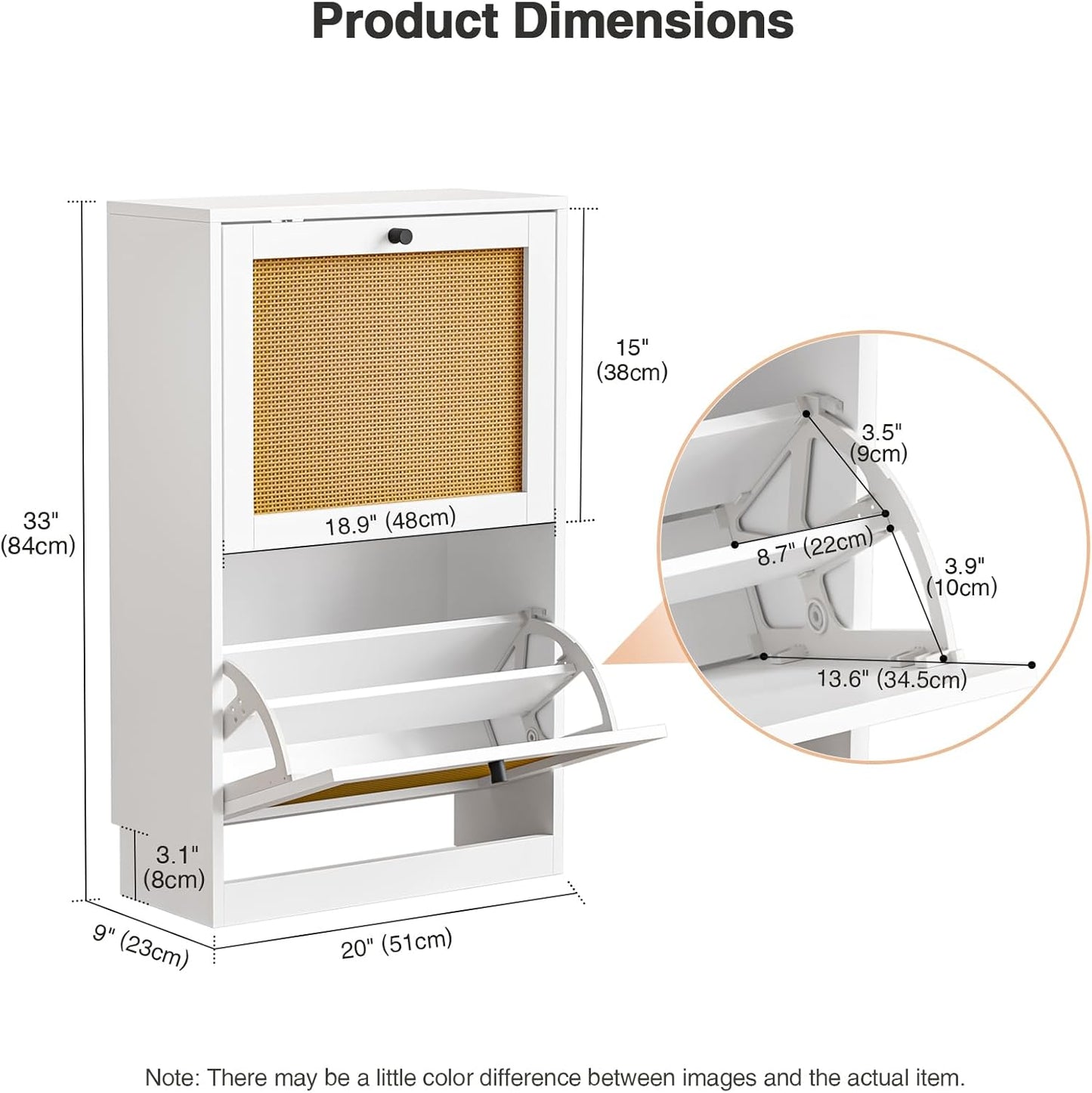 Shoe Storage Cabinet for Entryway with 2 Flip Drawers, Narrow Wood Shoe Cabinet with Rattan Panel, Freestanding Hidden Shoe Organizer for Foyer, Hallway, Small Space (White)
