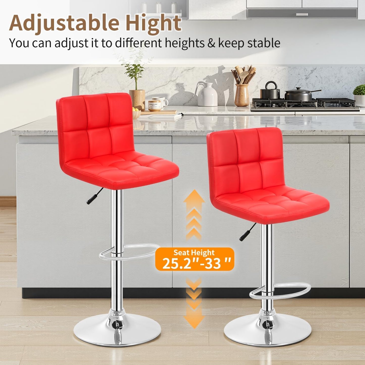 BestOffice Bar Stools Set of 2, Adjustable PU Leather Swivel Barstools, Modern Counter Stools with Back and Footrest, Counter Height Barstools for Bar, Kitchen and Dining Room
