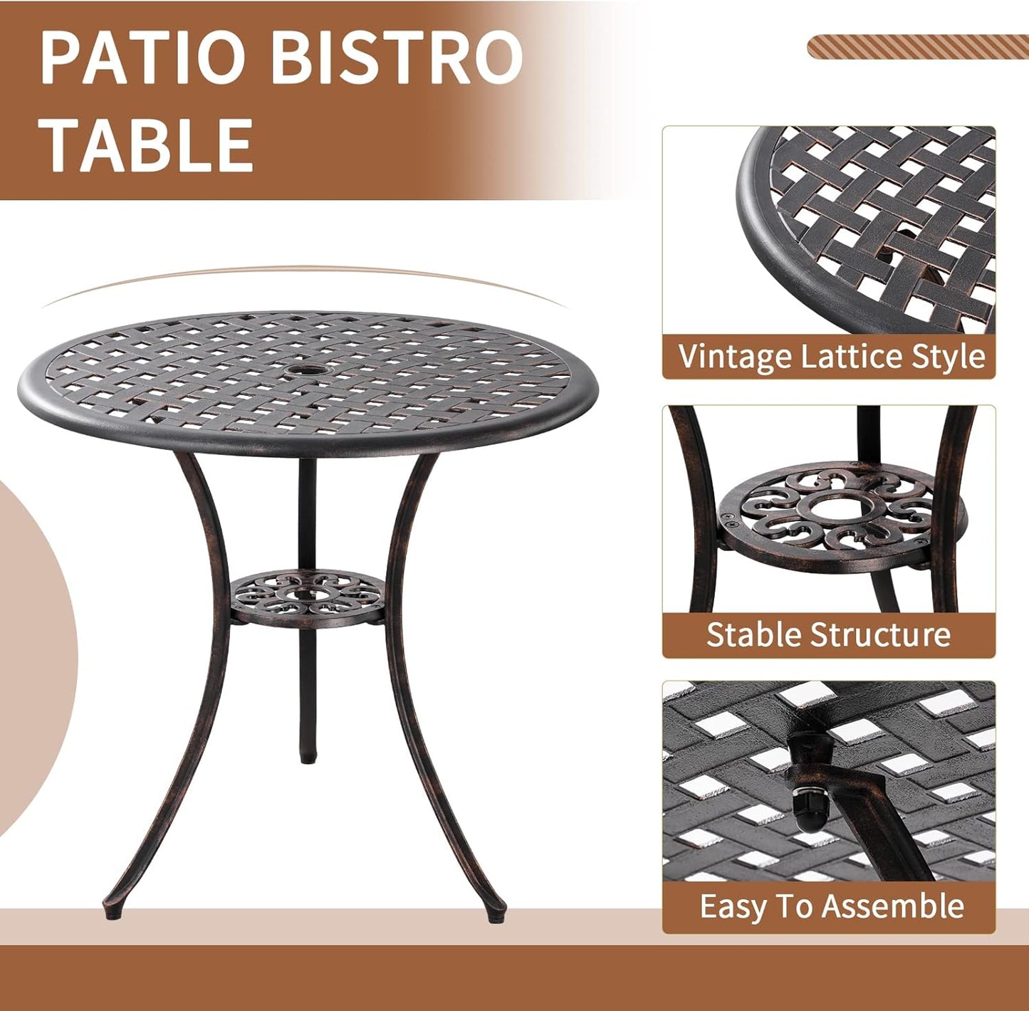 Bronze Patio Bistro Set - 3 Piece Outdoor Cast Aluminum Furniture, Large Table & Chairs, Weather Resistant, Adjustable Foot Pads, Umbrella Hole