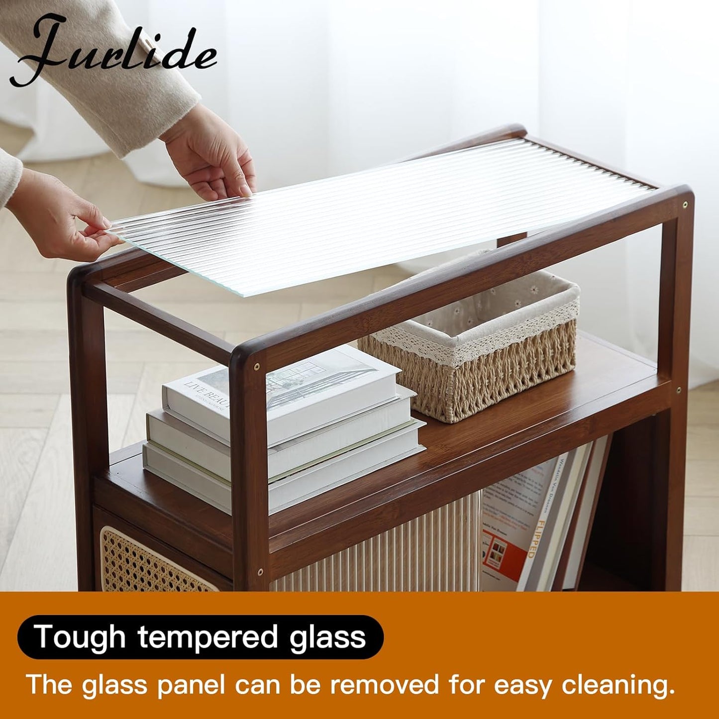 Rattan Nightstand Side Table with Storage, Bamboo Nightstand Bedside Table, Glass Mid Century Modern End Tables for Small Spaces, Living Room, Bedroom，Walnut