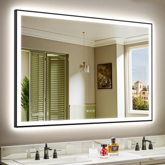 60x40 Inch LED Bathroom Mirror with Lights (Front Lit and Backlit) Black Framed Lighted Vanity Mirror for Bathroom Wall Dimmable Anti-Fog Memory Tempered Glass Horizontal/Vertical