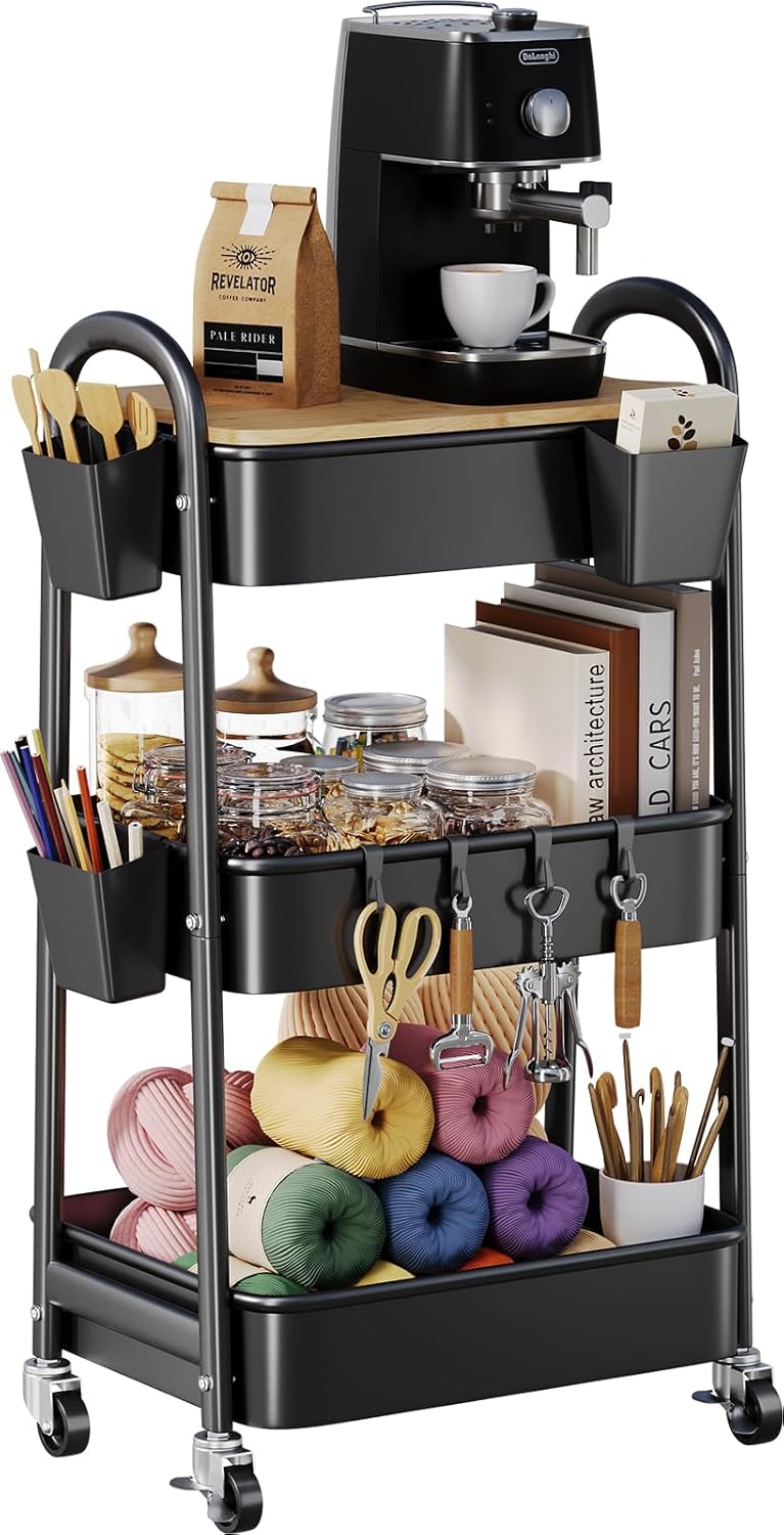 3 Tier Metal Rolling Cart with Wheels and Wooden Table Top, Three Tiered Craft Cart Organizer on Wheels, Black Storage Utility Carts for Art, Diaper Caddy, Baby Nursery, Office, Laundry, Snack, Book