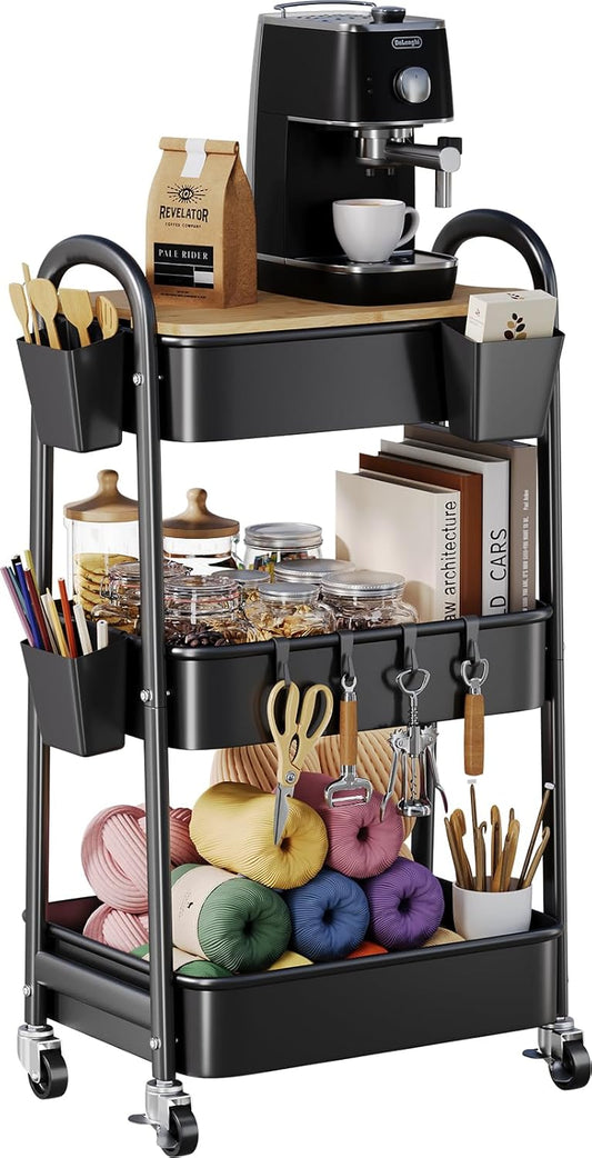 3 Tier Metal Rolling Cart with Wheels and Wooden Table Top, Three Tiered Craft Cart Organizer on Wheels, Black Storage Utility Carts for Art, Diaper Caddy, Baby Nursery, Office, Laundry, Snack, Book