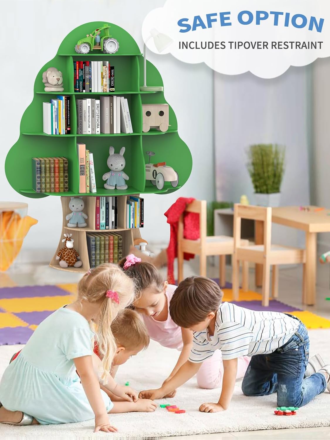 Tree Kids Bookshelf, Toddler Wood Bookcase, 16-Cubby Children Toy Storage Organizer Book Shelf for Kids Rooms, Nursery, Bedroom, Living Room, Classroom, Boy Girl’s Gift (Green Tree)