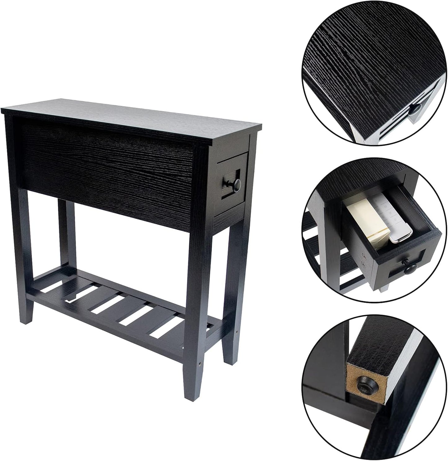Narrow End Table, Black Side Table with Drawer, Slim Bed Side Table for Small Space/Night Stand Set of 1, Side Table for Couch