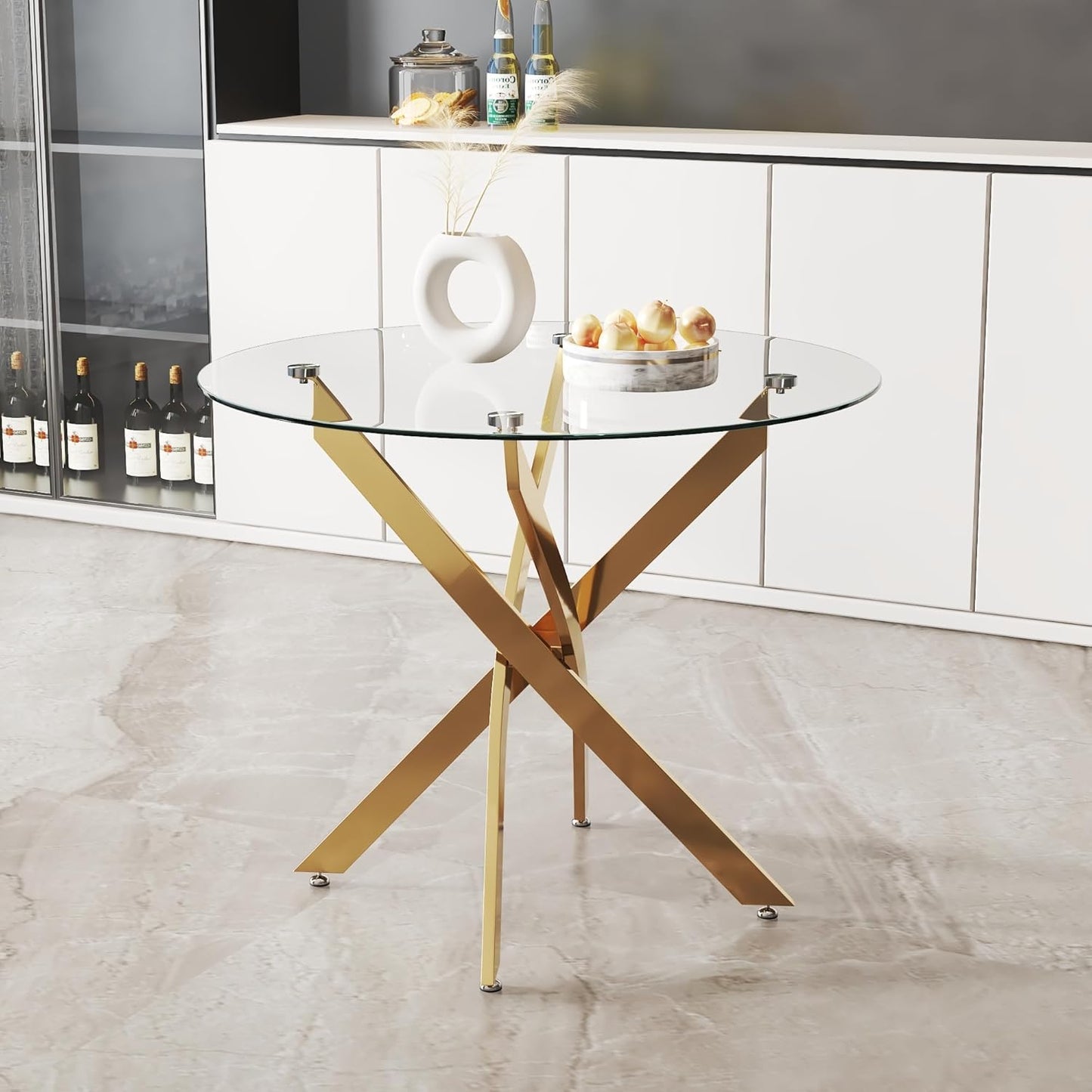 Round Tempered Glass Dining Table for 2-4 with Chromed Legs, 35.5 Inch Modern Small Kitchen Table Dining Room Table for Kitchen Dining Room (Gold)