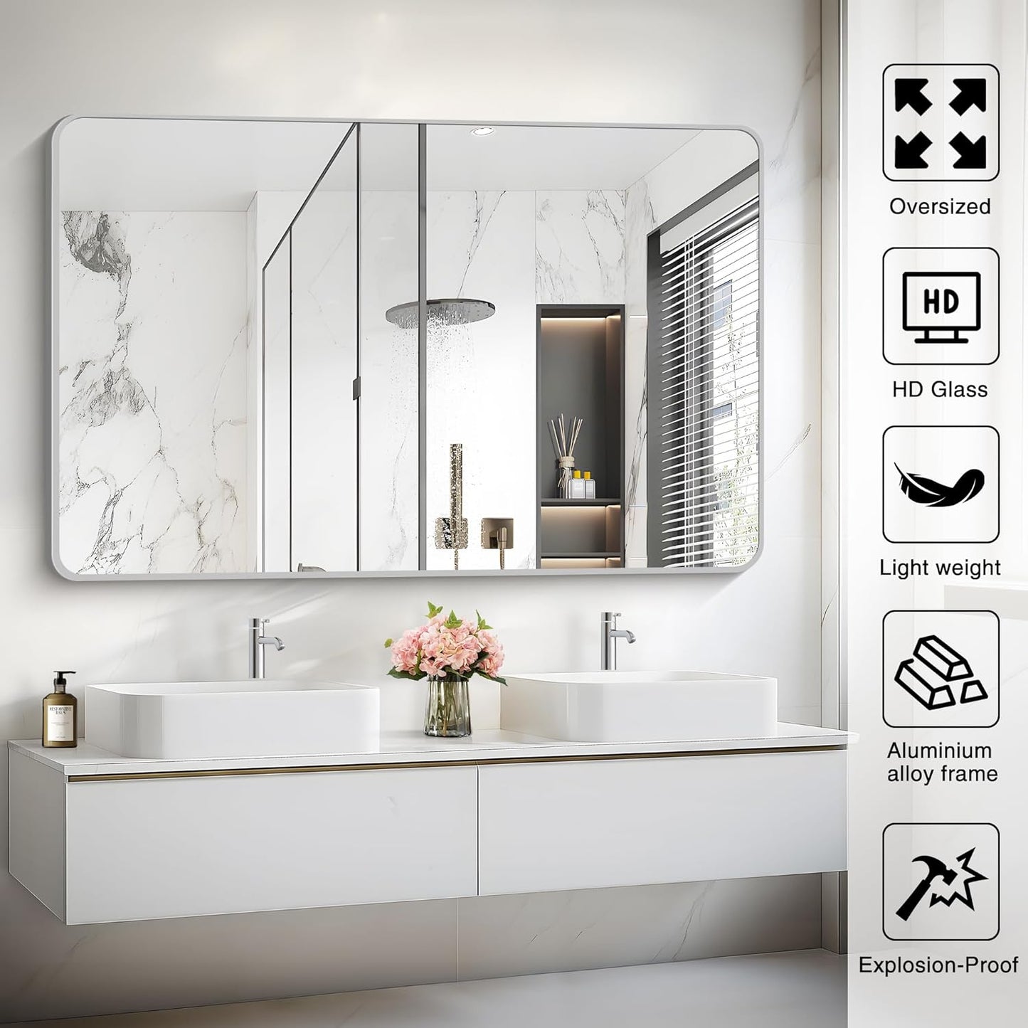 55x36 Inch Silver Bathroom Mirror, Large Rectangular Vanity Mirror, Metal Framed Rectangle Mirror, Rounded Corner Wall Mounted Mirrors for Living Room Bedroom Entryway Horizontal or Vertical