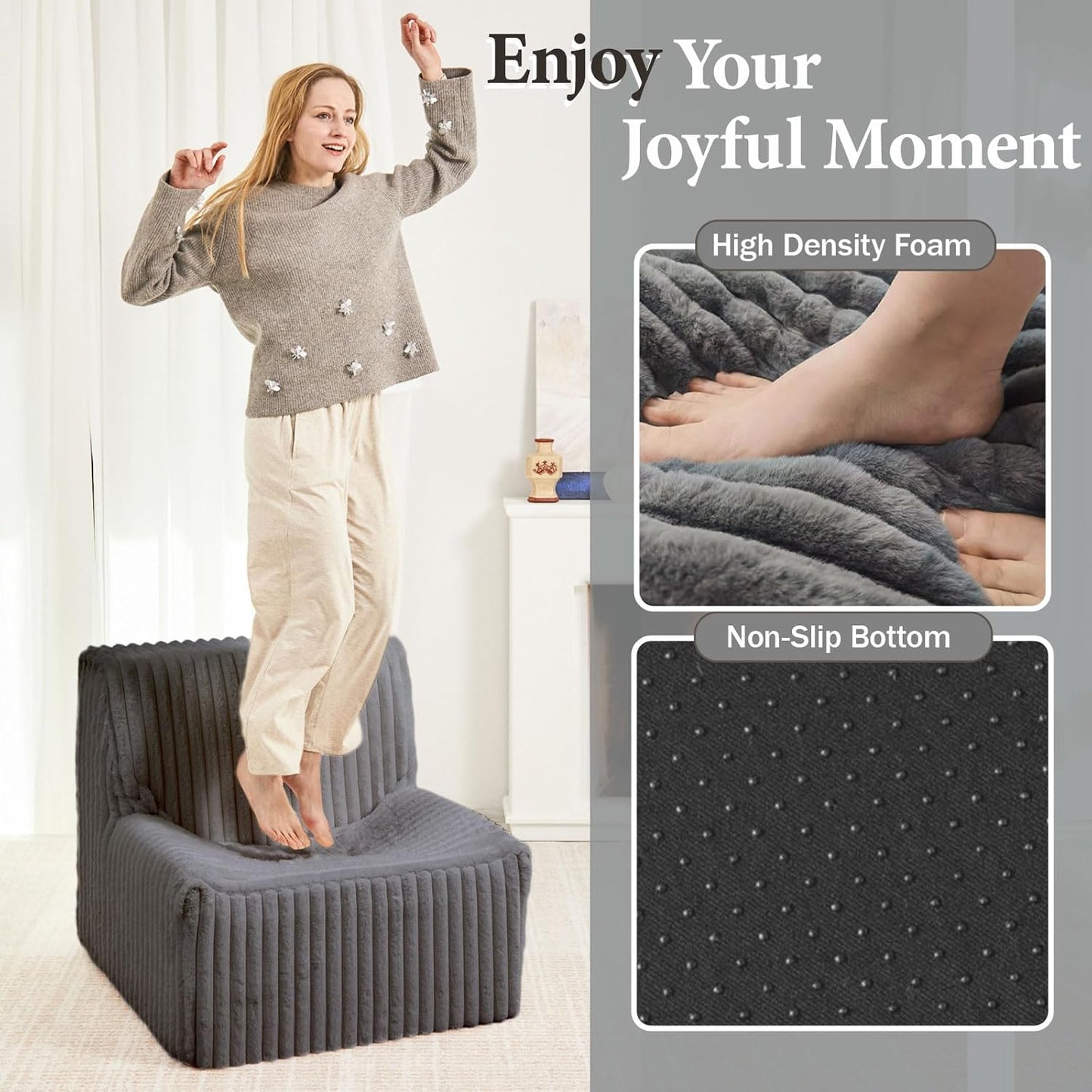 Super Comfy Lazy Sofa Chair, Soft Faux Fur Accent Chair for Living Room, Lounge Armless Floor Couch for Bedroom, Cozy Modern Single Sofa with Mememory Foam to Reading, Gaming (Grey)