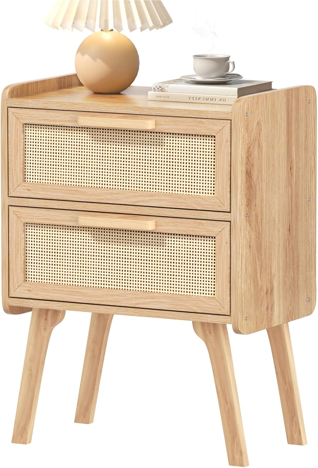 Lerliuo Rattan Nightstand, Boho Night Stand with 2 Drawers, Cane Accent Side End Table, Bedside Table with Solid Wood Legs for Bedroom, Dorm and Small Spaces (Natural)
