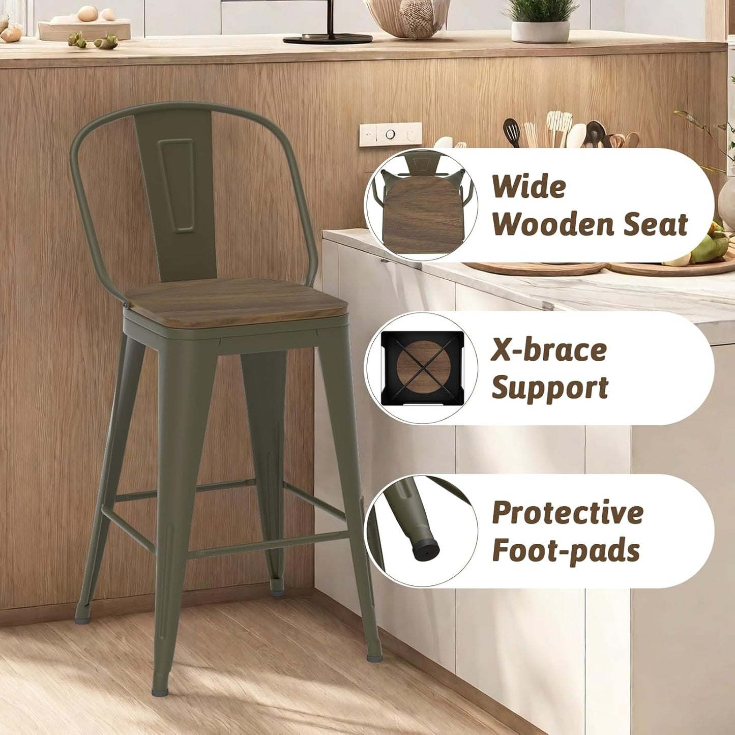 26” Swivel Bar Stools Set of 4, Counter Height Bar Stools Wooden Seat, Metal Industrial Bar Chairs with High Back for Kitchen Island (Rusty)