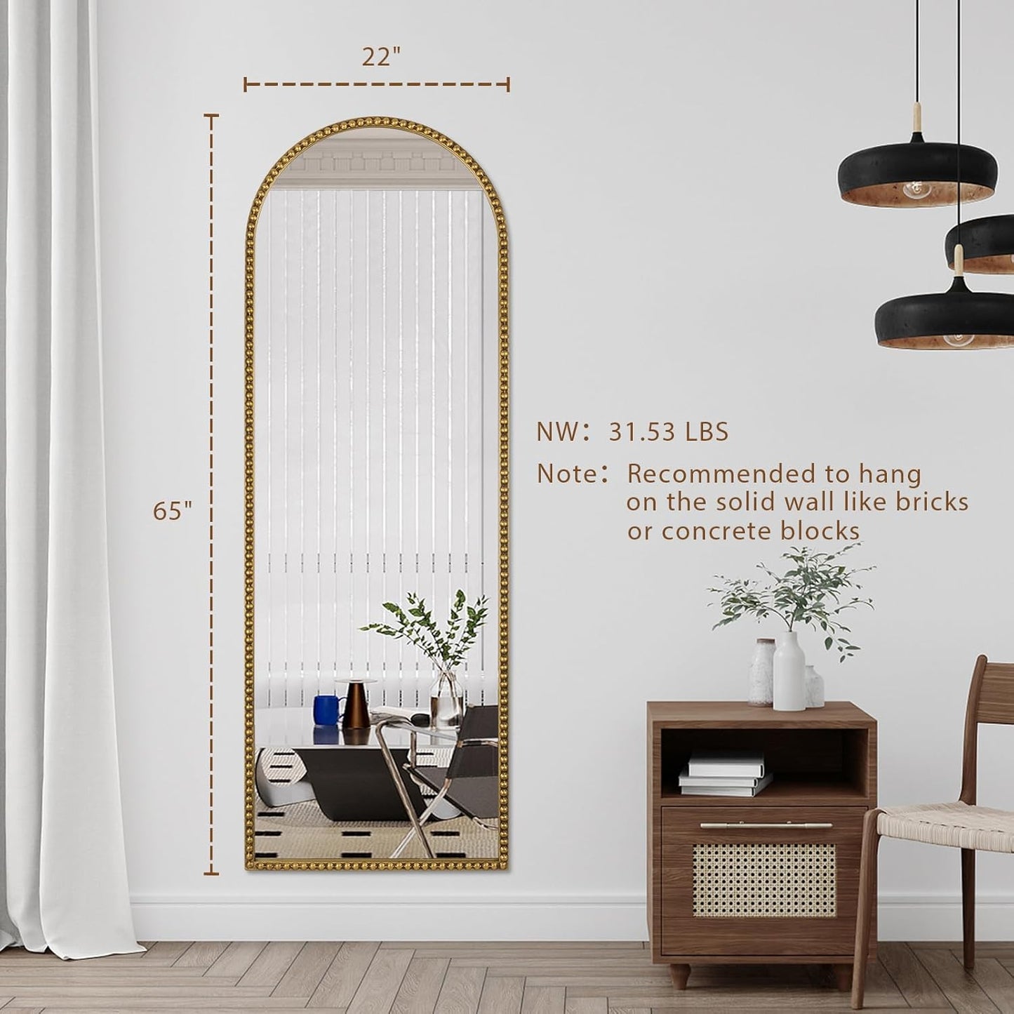 Arch Full Length Mirror with Stand, 65"x22" Floor Standing Large Dressing Mirror Hanging or Leaning Against Wall for Bedroom Living Room, Antique Gold