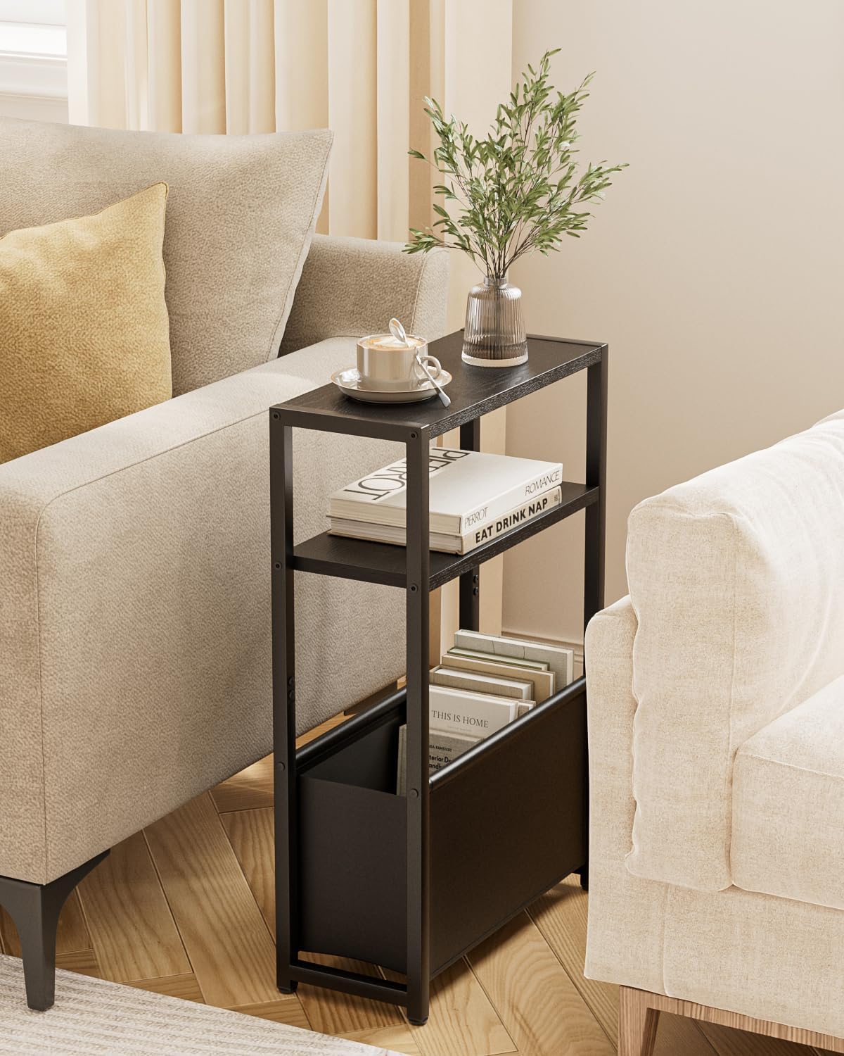Narrow Side Table End Table, 3-Tier Side Table with Storage Bag, Narrow Nightstand for Small Spaces, Bedside Table for Living Room, Bedroom, Black