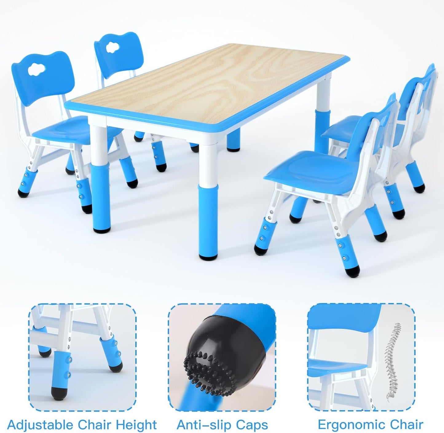 Kids Table and 4 Chairs Set，Height Adjustable Children Table & Chair，Toddlers Study Multi-Activity Table with 47.2"x23.6" Wipe-Clean Desktop，for Classrooms, Homes & Daycares