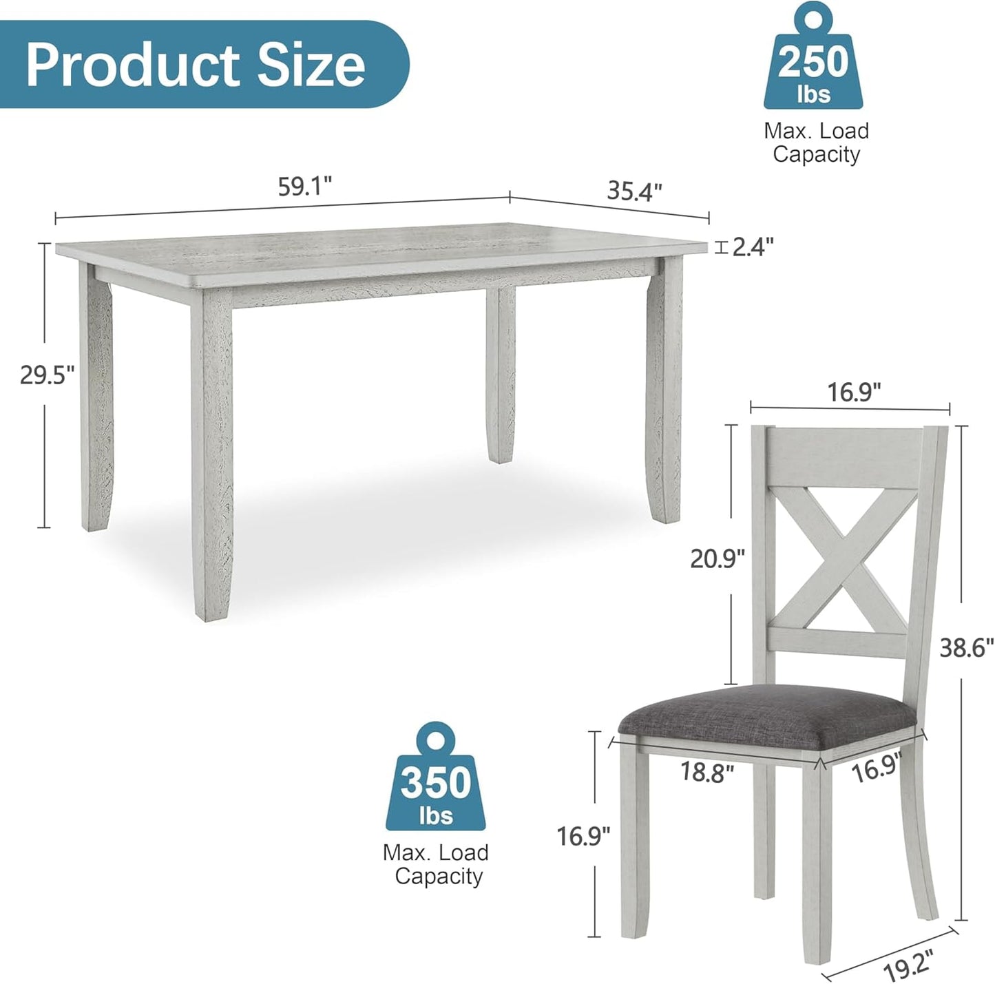 VECELO Peatuk 6-Piece Solid Wood Dining Table Set for 6, Modern Breakfast Dinette Kitchen Table with Chairs for Dining Room, Kitchen, Grey