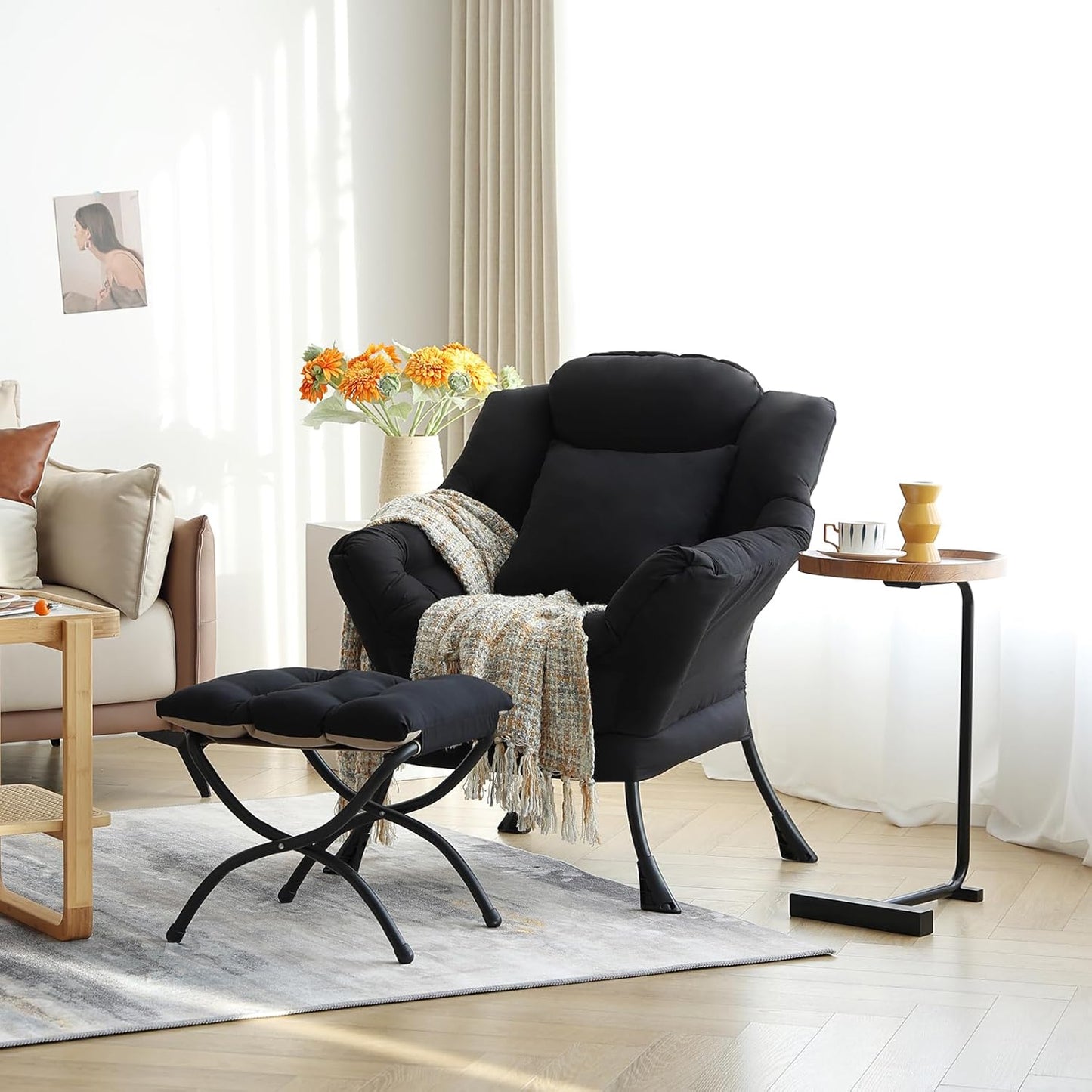 Lazy Chair with Ottoman, Comfy Reading Chair with Footstool & Pillow Modern Lounge Chair with Armrests & Side Pocket for Living Room, Bedroom, Dorm Room，Black