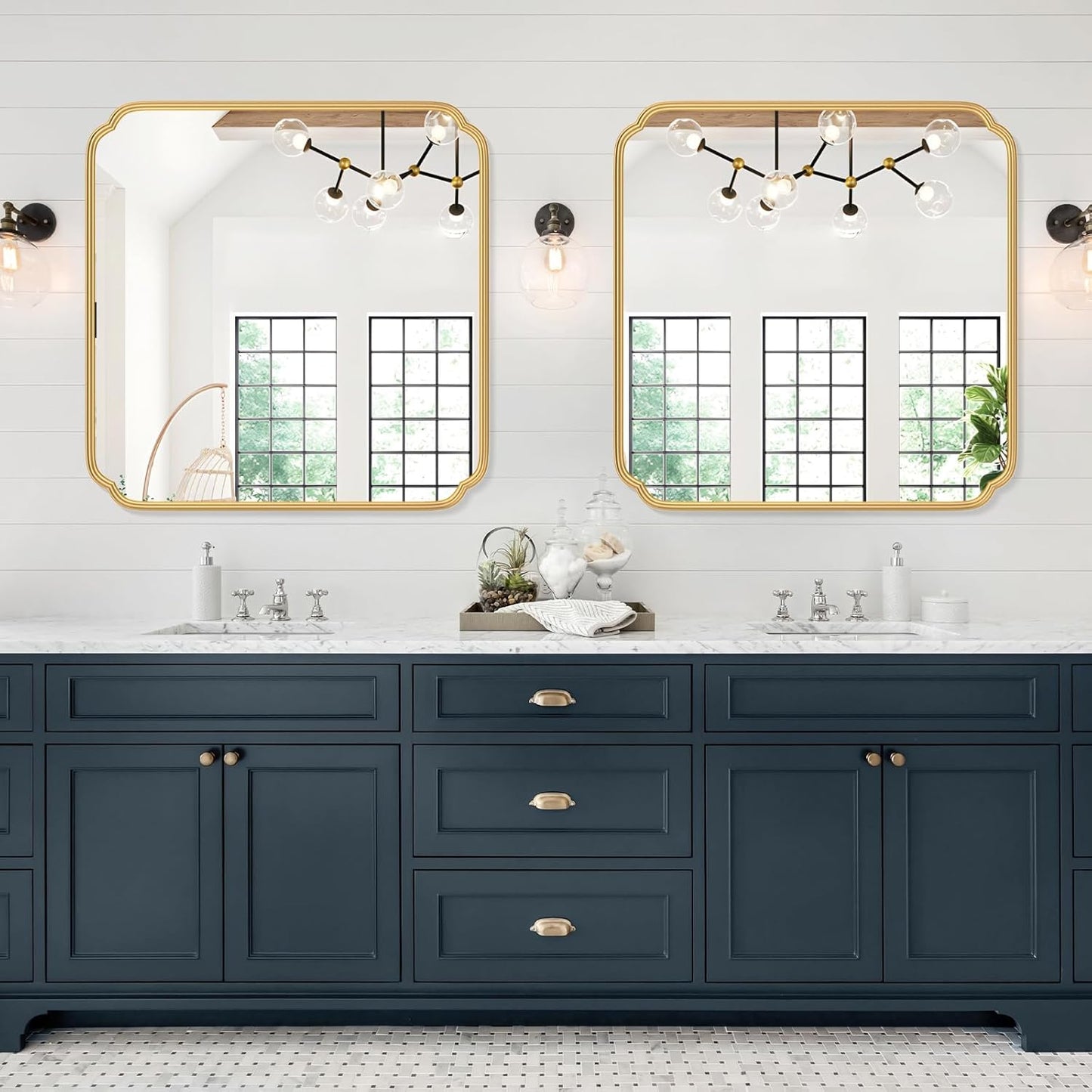 Gold Bathroom Mirror for Wall 36" x 36" Square Bathroom Vanity Mirror Farmhouse, Large Rounded Rectangle Mirror, Anti-Rust, Tempered Glass, Hangs Horizontally or Vertically