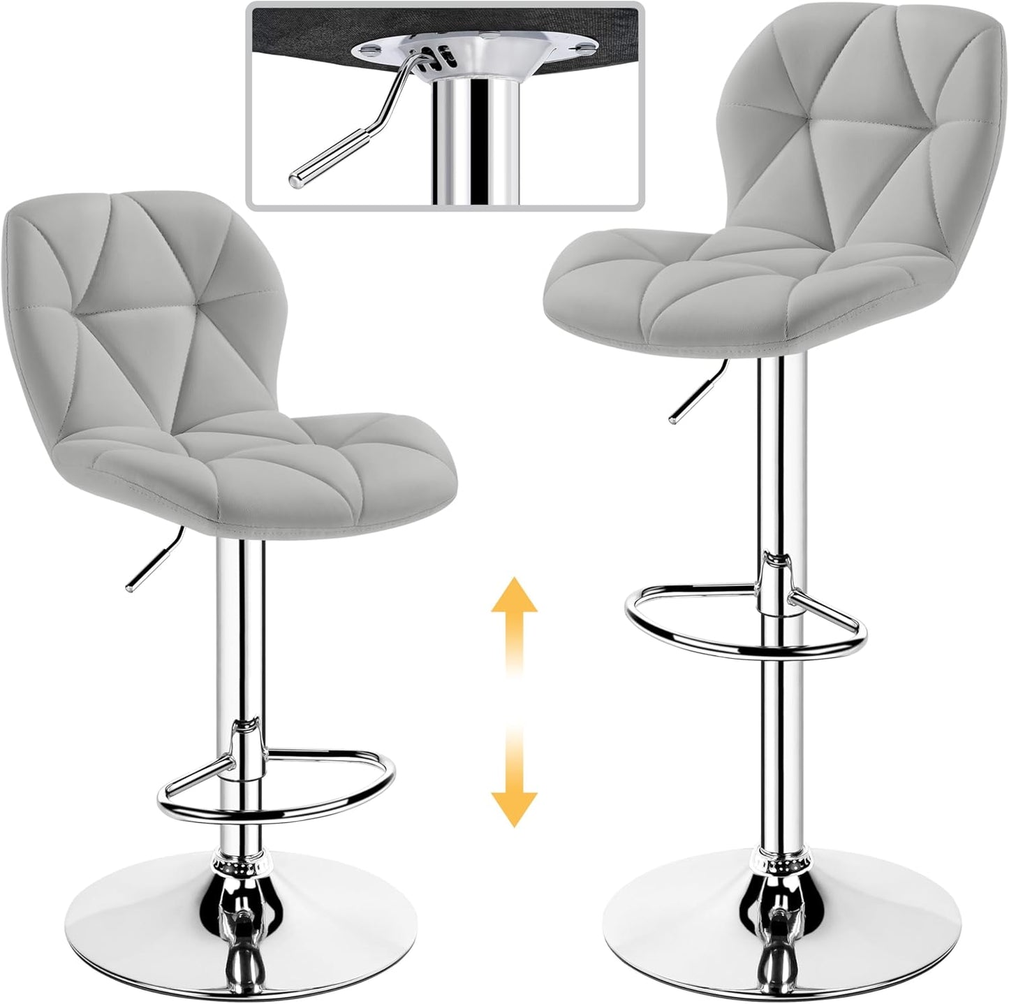 Yaheetech Bar Stools Set of 4, PU Leather Swivel Barstools, Height Adjustable Counter Stools with Backrest fot Kitchen Home Bar, Light Grey