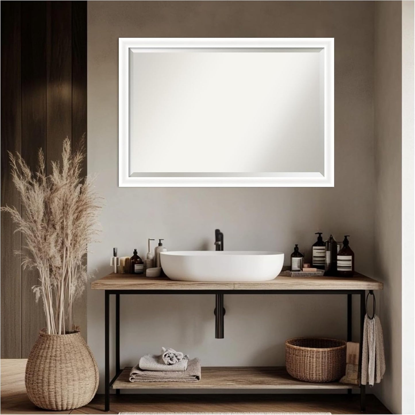Amanti Art White Bathroom Mirror for Over Sink, 27x39 Oliver White Narrow Rectangle Vanity Mirror, Large Modern Wood Frame, Hangs Horizonally and Vertically, Bathroom Wall Decor, Beveled Edge