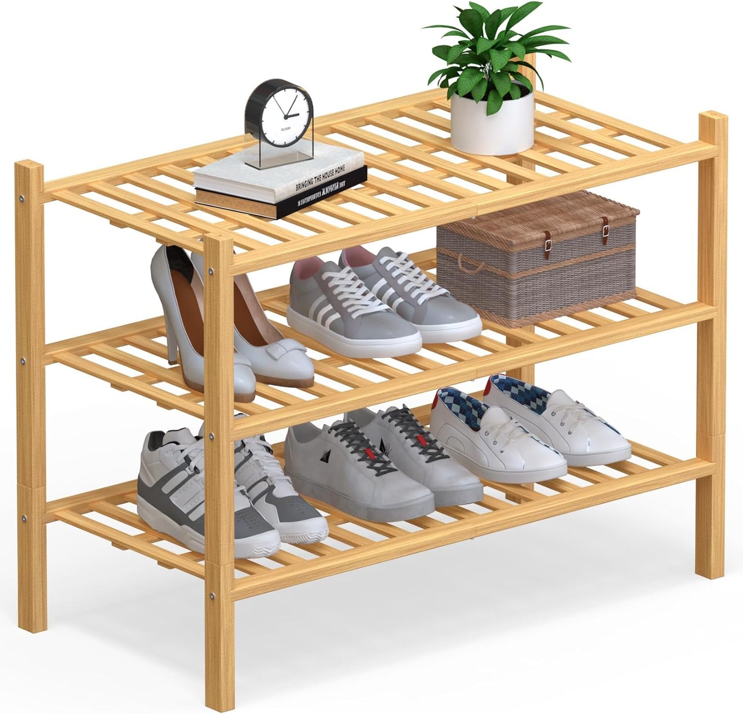 Haddockway Large 3 Tier Bamboo Shoe Rack Storage Organizer,Multifunctional Free Standing Stackable Shoe Shelf with Grid Panel for Closet,Hallway,Entryway,Small Space 27"x12"x21"(Natural, 3-Tier Large)