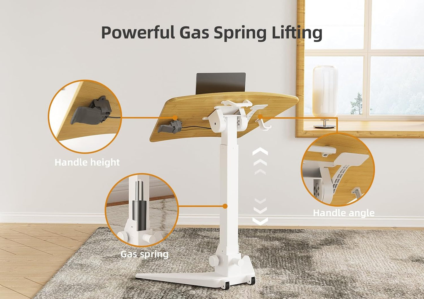 Claiks Mobile Standing Desk, Portable Rolling Standing Desk with Wheels, Pneumatic Height Adjustable Sit-Stand Desk Workstation with 90° Tiltable, Foldable Desk with Non-Slip Computer Stand, Bamboo