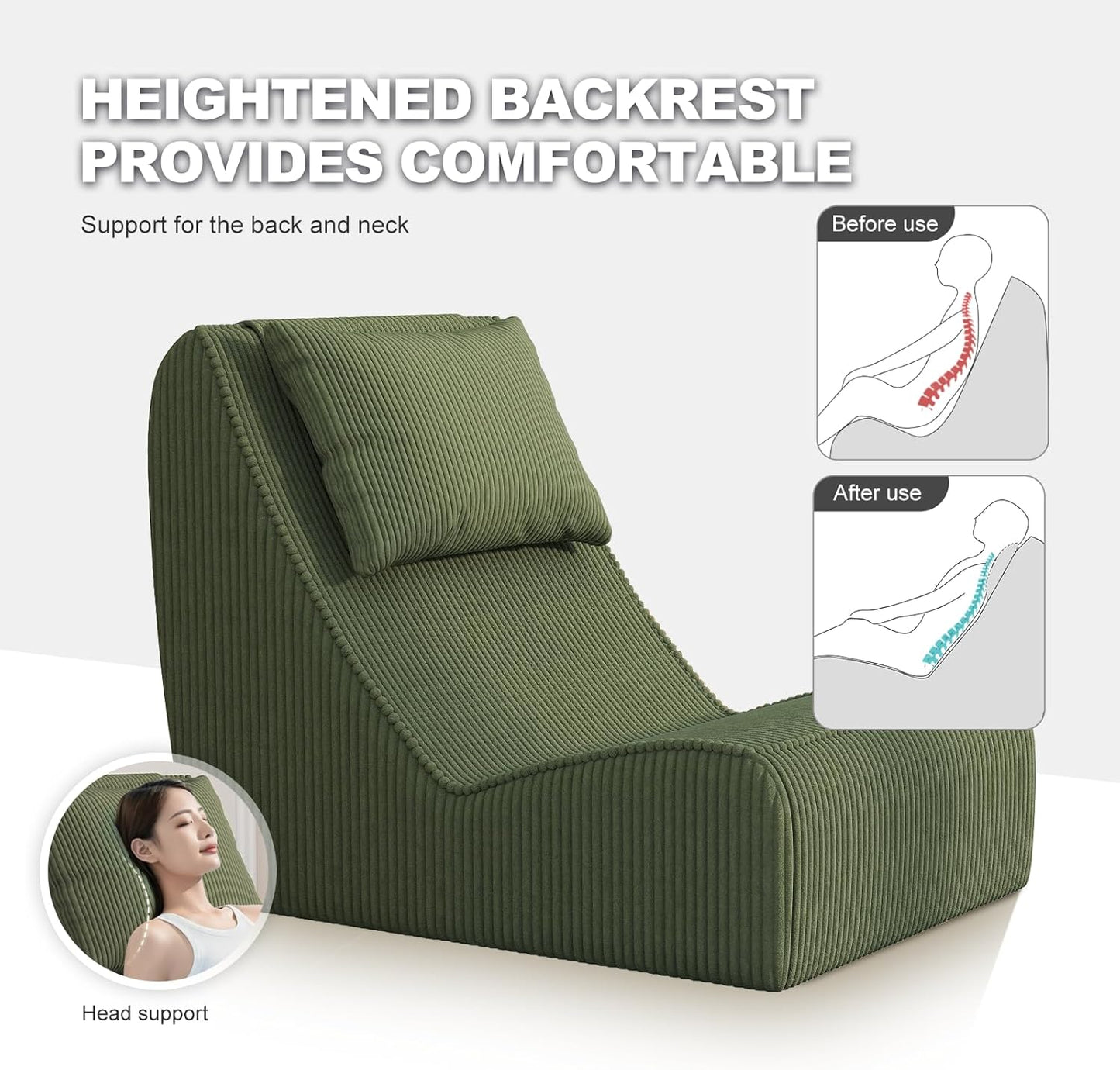 Giant Bean Bag Chair for Adults,Corduroy Chaise Lounge with Unrivaled Back Support, Detachable Neck Pillow, Comfortable Ottoman & Washable Cover for Living Room, Bedroom, Garden (Olive green)