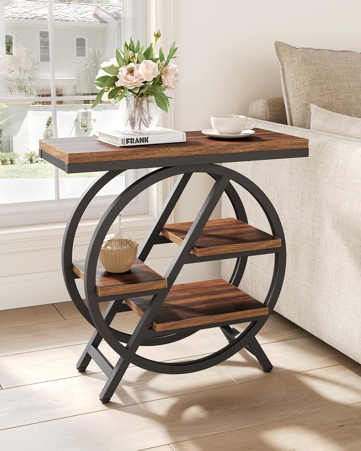 End Table, Narrow Side Table with 4-Tier Large Storage Space, Modern Bedside Table for Living Room, Home Office, Bedroom, Brown