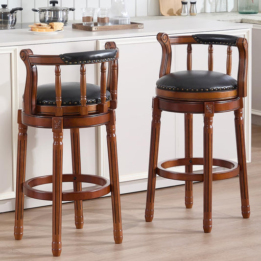 Cow top Leather Wooden Bar Stools, 360 Degree Swivel Bar Height Chair with Backs for Home Kitchen Counter, Morden Chair Barstools (Black-2pc, Bar Height-Seat Height 29.5”)