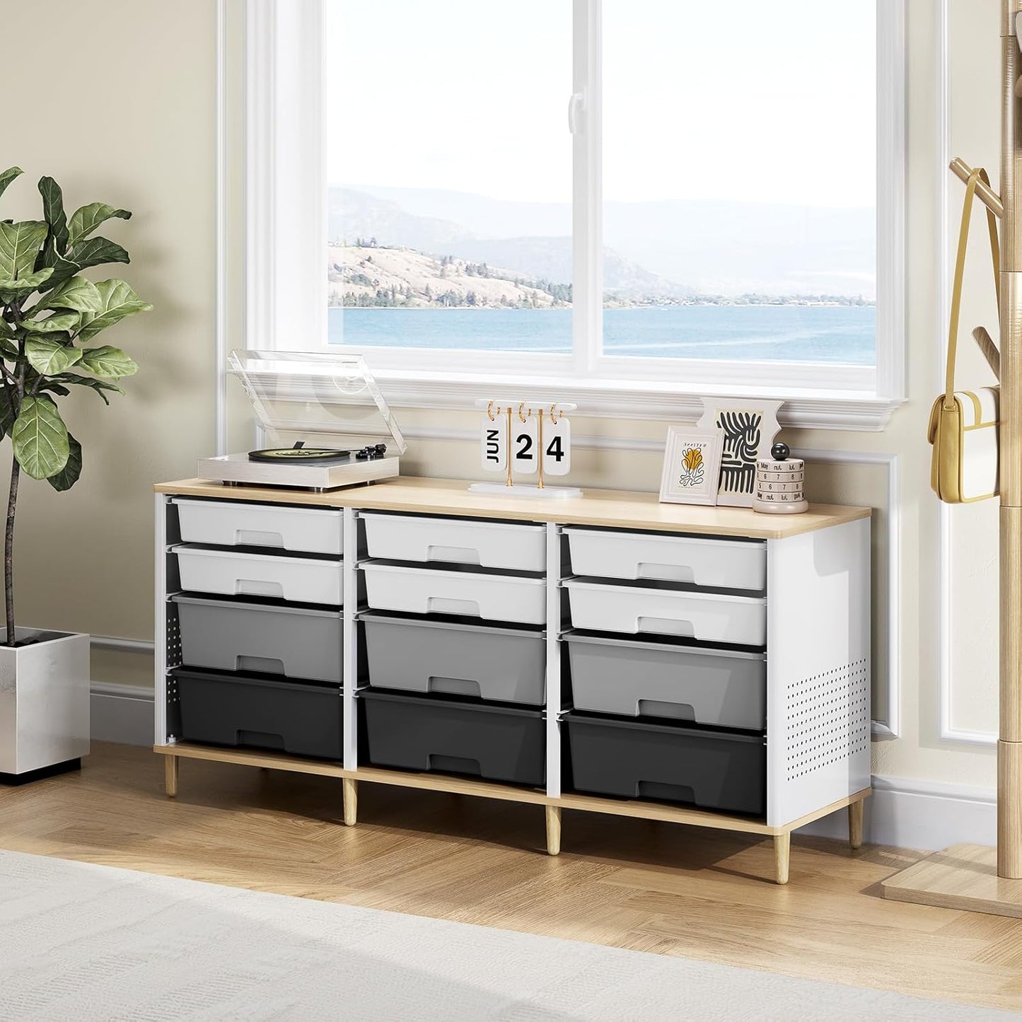 12-Drawer Storage Cabinet with Wooden Tabletop, Versatile Cube Storage Organizer Bin Storage for Home, Office, Playroom, Classroom & Craft Room Storage (Gradient Grey)