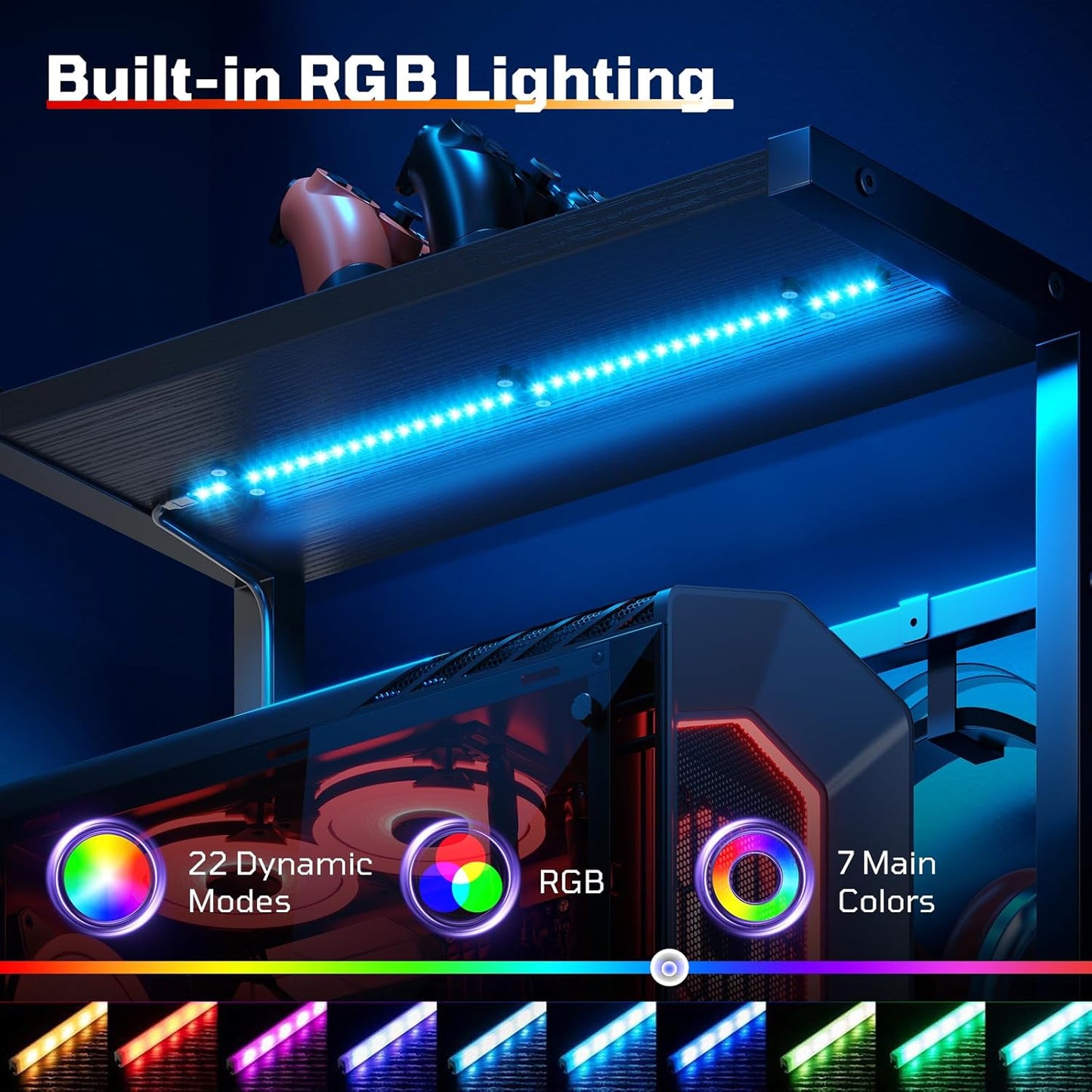 Bestier Gaming Desk with LED Lights, 44 Inch Reversible Computer Desk with Drawers & Storage Shelves for Small Spaces, PC Gamer Table with Storage Bag & Side Hook, Black