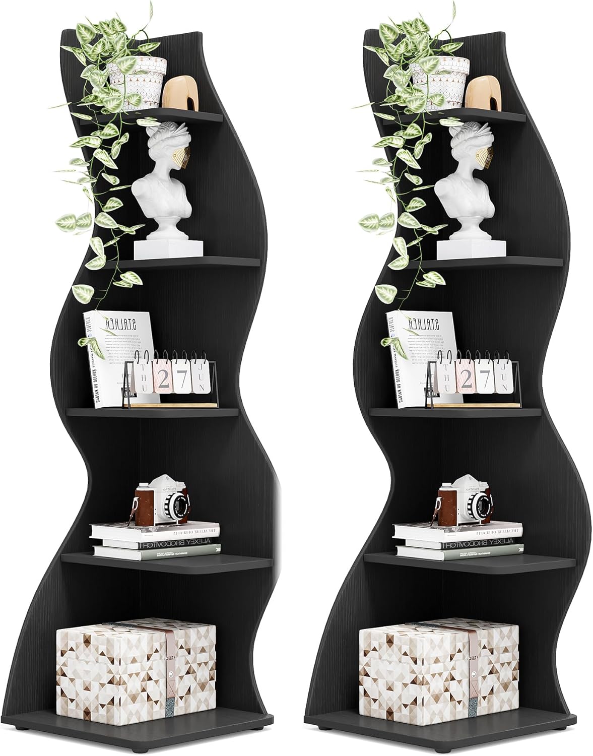 Tribesigns Corner Shelf, Modern 5-Tier Wall Corner Bookshelf, Stylish Corner Small Bookcase Storage Rack Plant Stand with Unique Shape for Living Room, Home Office, (2PCS, Black)