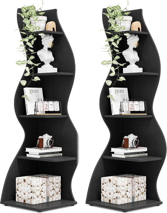 Tribesigns Corner Shelf, Modern 5-Tier Wall Corner Bookshelf, Stylish Corner Small Bookcase Storage Rack Plant Stand with Unique Shape for Living Room, Home Office, (2PCS, Black)