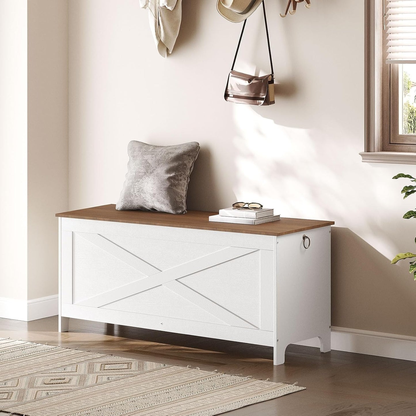 39.4" Toy Chest, Sturdy Entryway Storage Chest with Safety Hinges, Retro Toy Box, Wooden Look Accent Furniture for Living Room, Bedroom, White+Walnut SCBZ48101