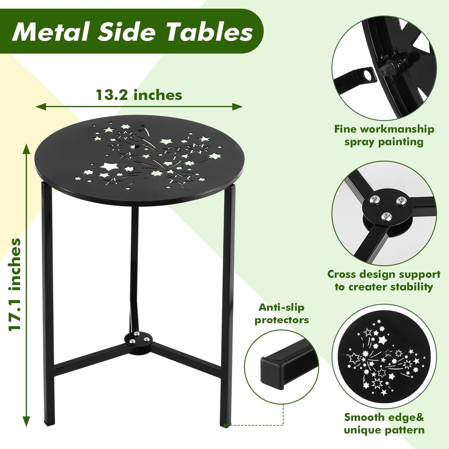 2 Packs 13" Metal Outdoor Side Tables Small Black Outside End Table for Patio Round Accent Corner Stand for Small Spaces Weather-Resistant Coffee Table for Balcony Porch Plant Stand, Starlight