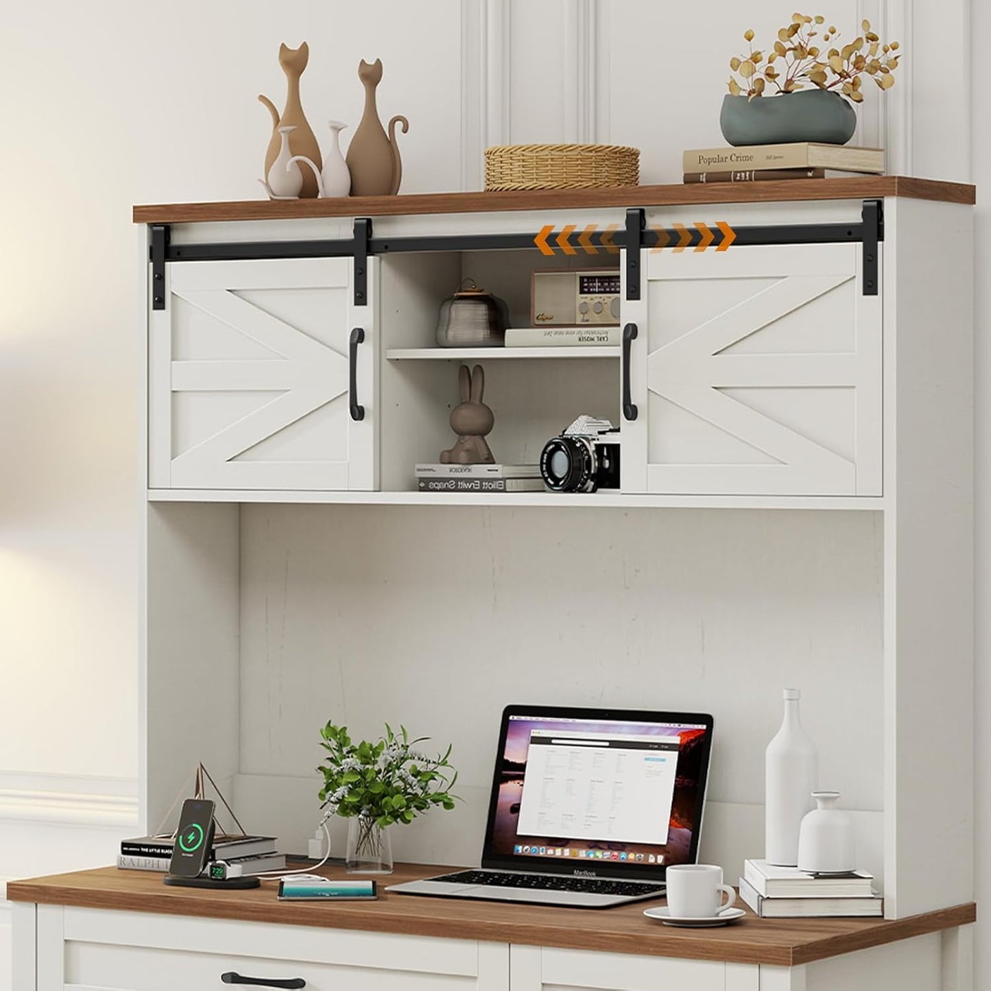 Farmhouse 47" Executive Desk, Computer Desk with Drawers and Storage Cabinet, Home Office Desks with Hutch and Charging Station, Workspace for Work & Study (Unique White).