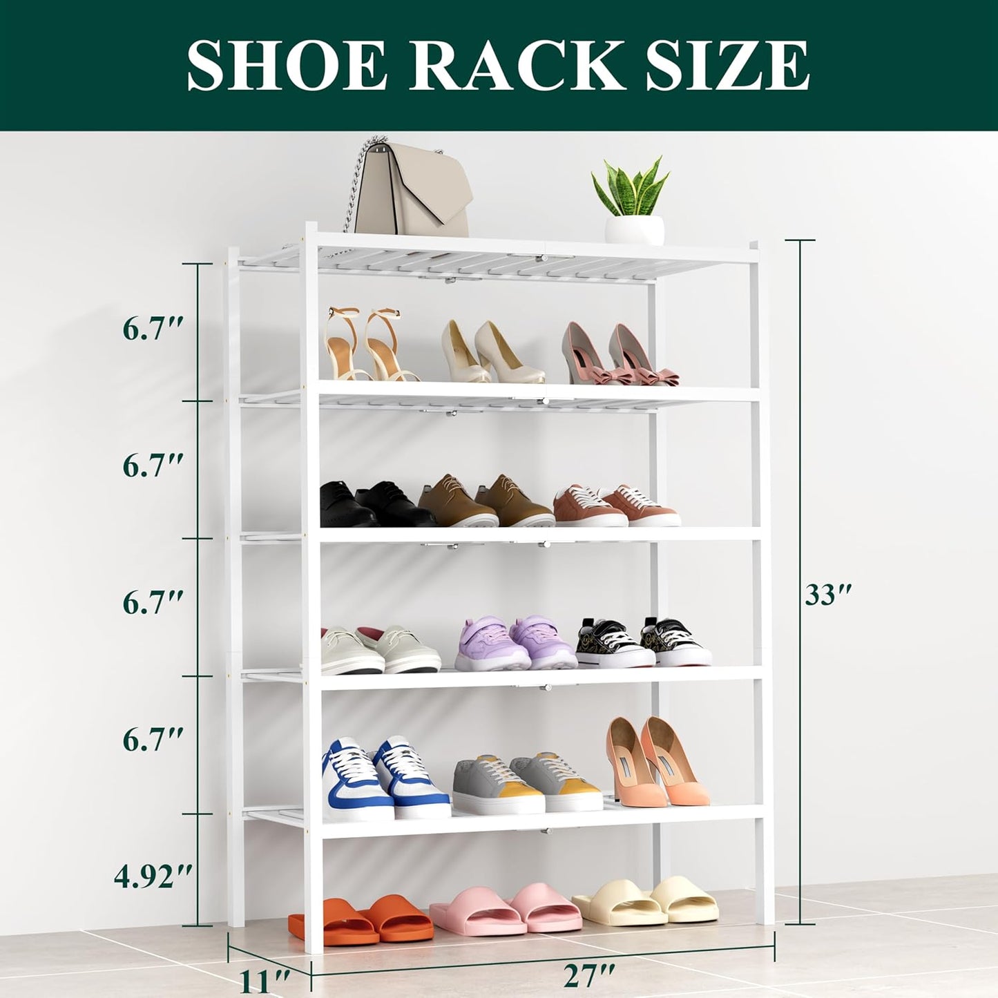 Smiry Shoe Rack, 5 Tier Thick Bamboo Shoe Organizer, Stackable Free Standing Wooden Shoe Storage Shelf for Closet, Entryway, Front Door Entrance, White