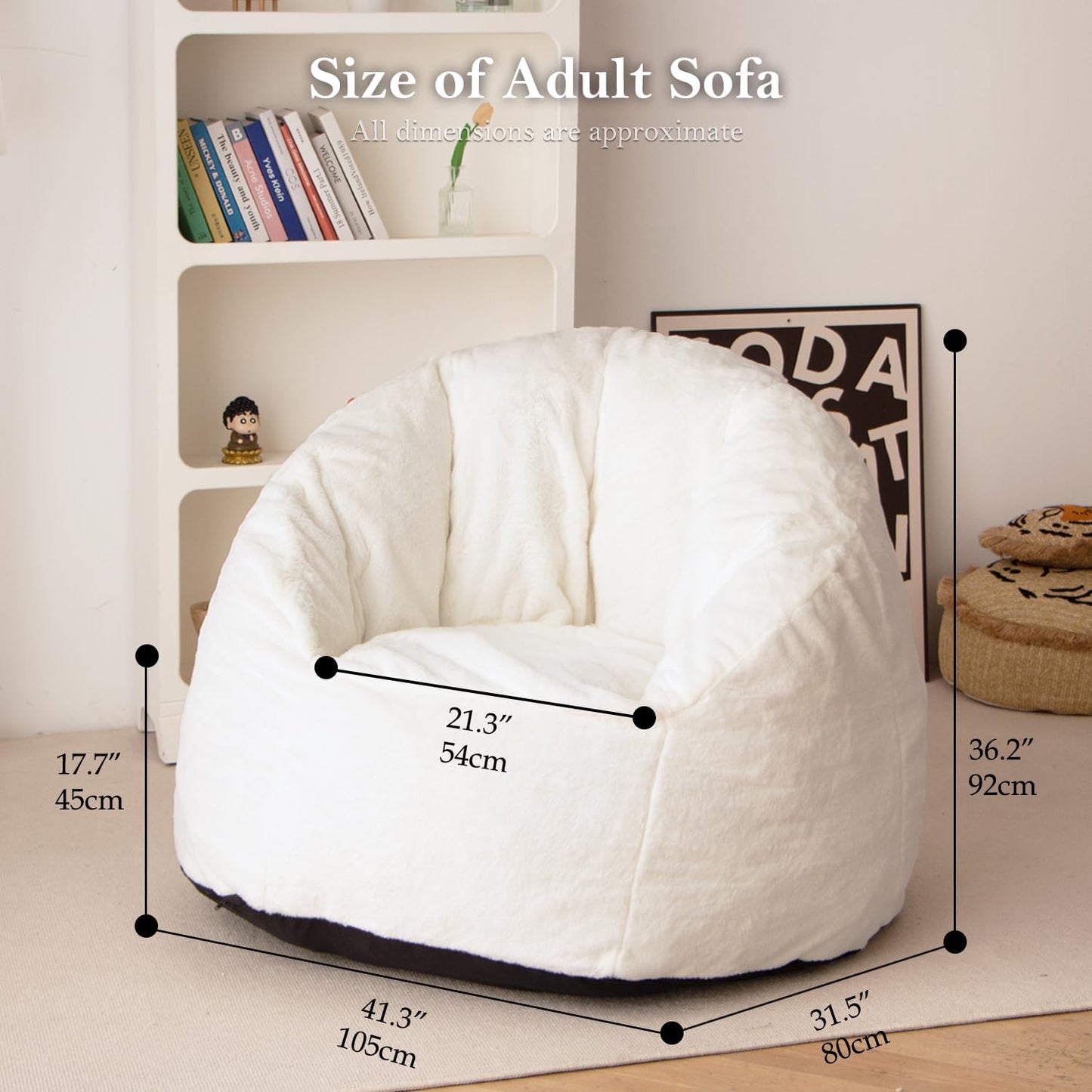 N&V Large Shell Bean Bag Chair, Adult Size Bean Bag Sack, Foam Filling, Includes Removable and Machine Washable Cover, 40in, Soft Faux Fur, White