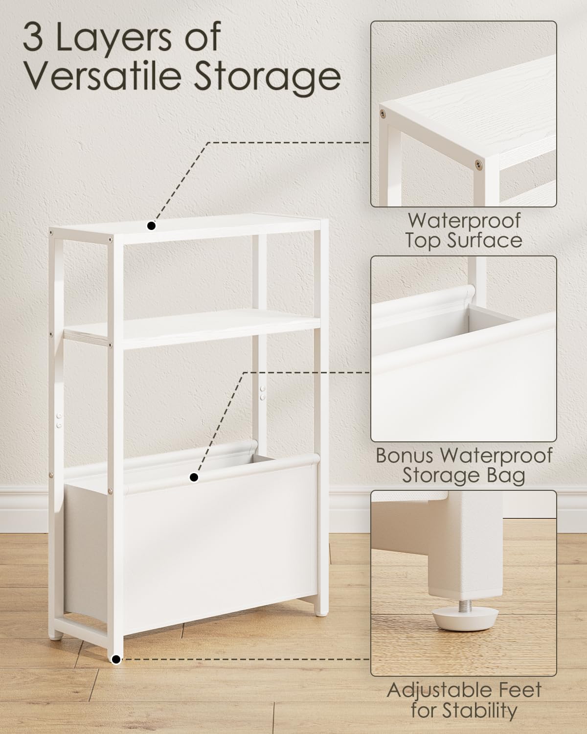 Narrow Side Table, 3-Tier Side Table with Storage Bag, Narrow Nightstand for Small Spaces, Bedside Table for Living Room, Bedroom, White