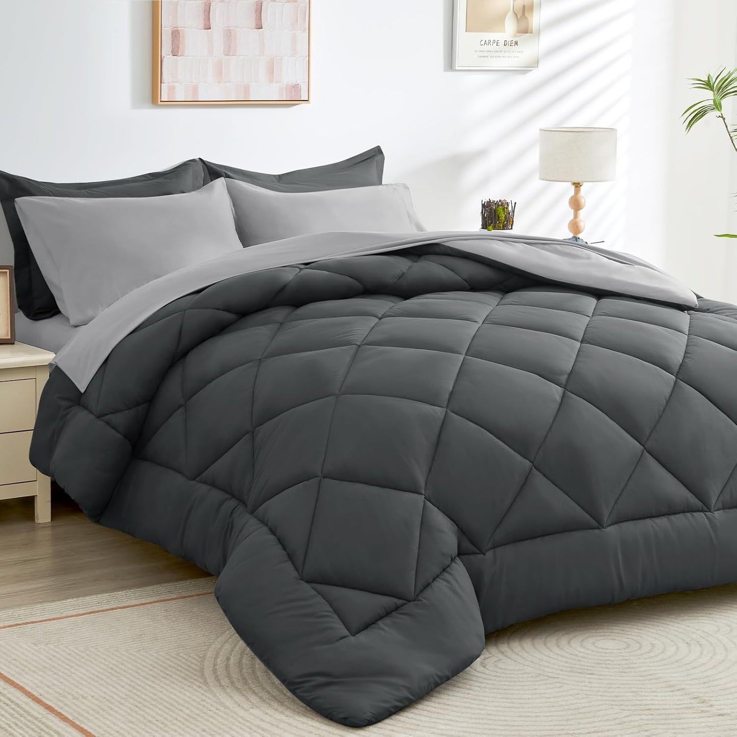 HEVUMYI Queen Comforter Set - 7-Piece All Season Bed in a Bag Queen, Ultra Soft Bedding Set with Comforter, Flat Sheet, Fitted Sheet, Pillowcases, Pillow Shams, Dark Grey & Light Grey