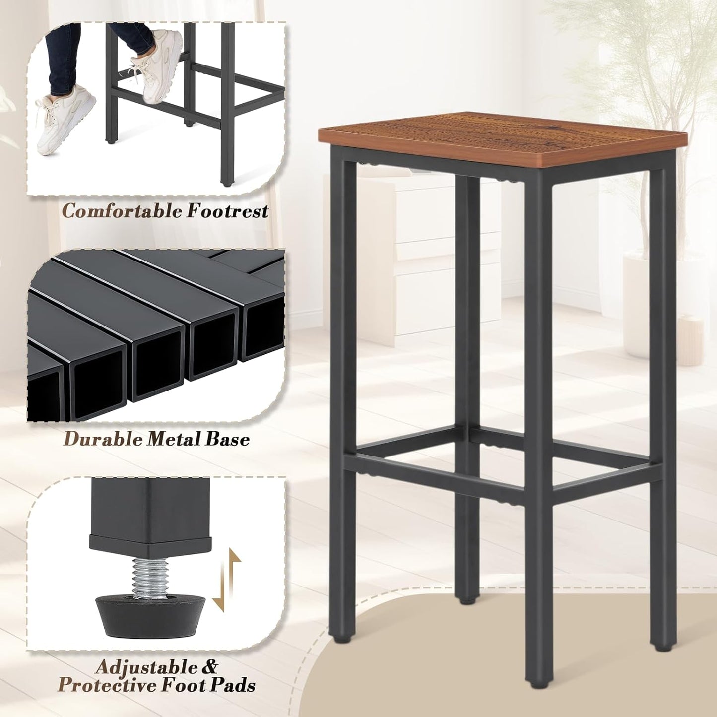 Athena Collection Bar Stools Set of 2, 26 Inches Counter Height Bar Stools Backless with Metal Legs and Footrest, Wood Barstools for Home, Kitchen Island, Counter, Brown