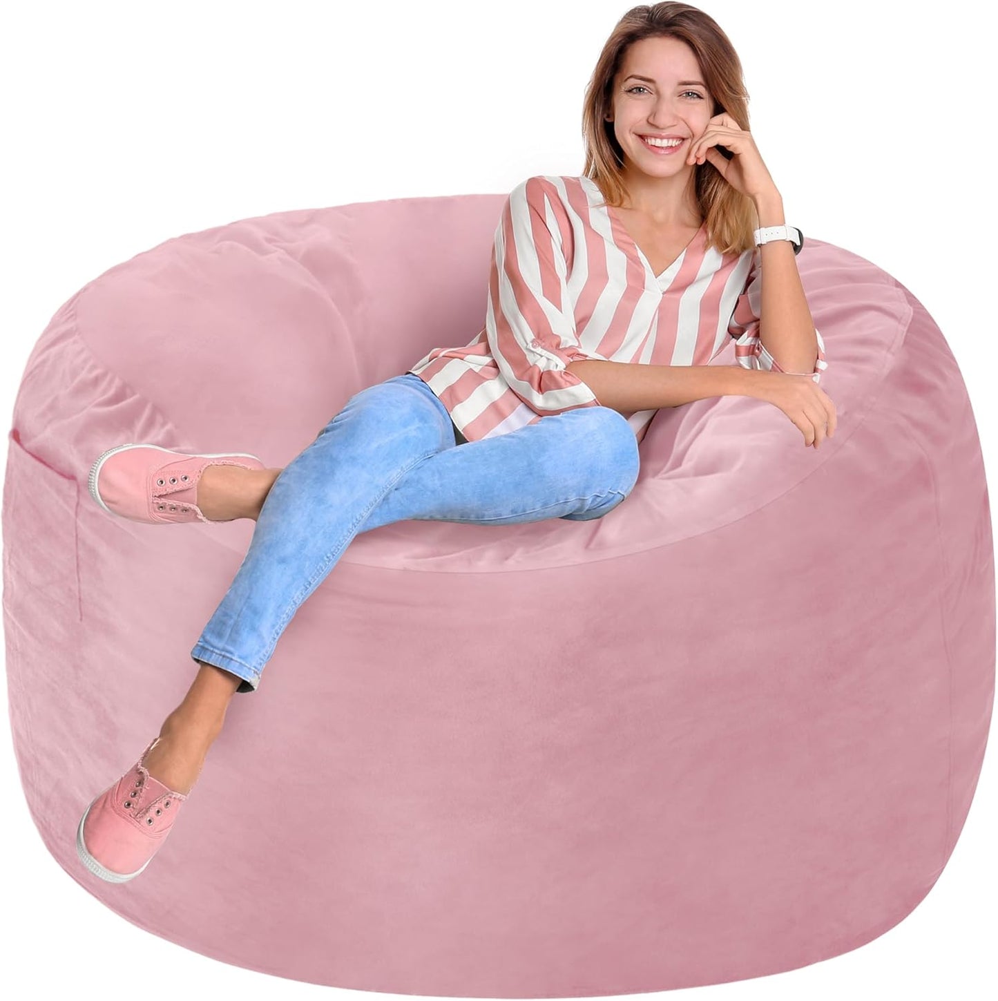 Homguava 3FT Bean Bag Chair: 3' Bean Bags with Memory Foam Filled, Large Beanbag Chairs Soft Sofa with Dutch Velet Cover-Light Pink