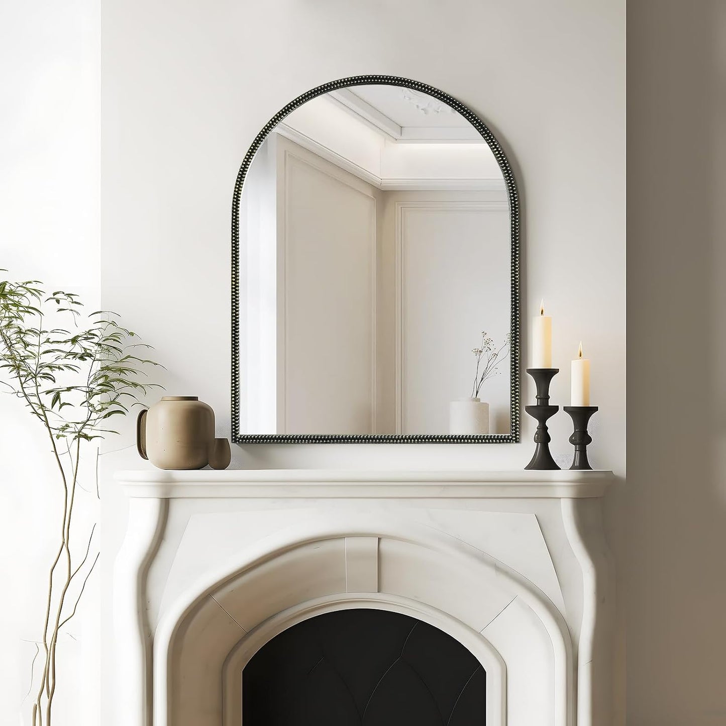 WallBeyond Black Vintage Mirror for Vanity 28x36 Inch, Gold Antique Mirror with Ornate Beaded Frame for Bathroom, Living Room, Fireplace, Entryway