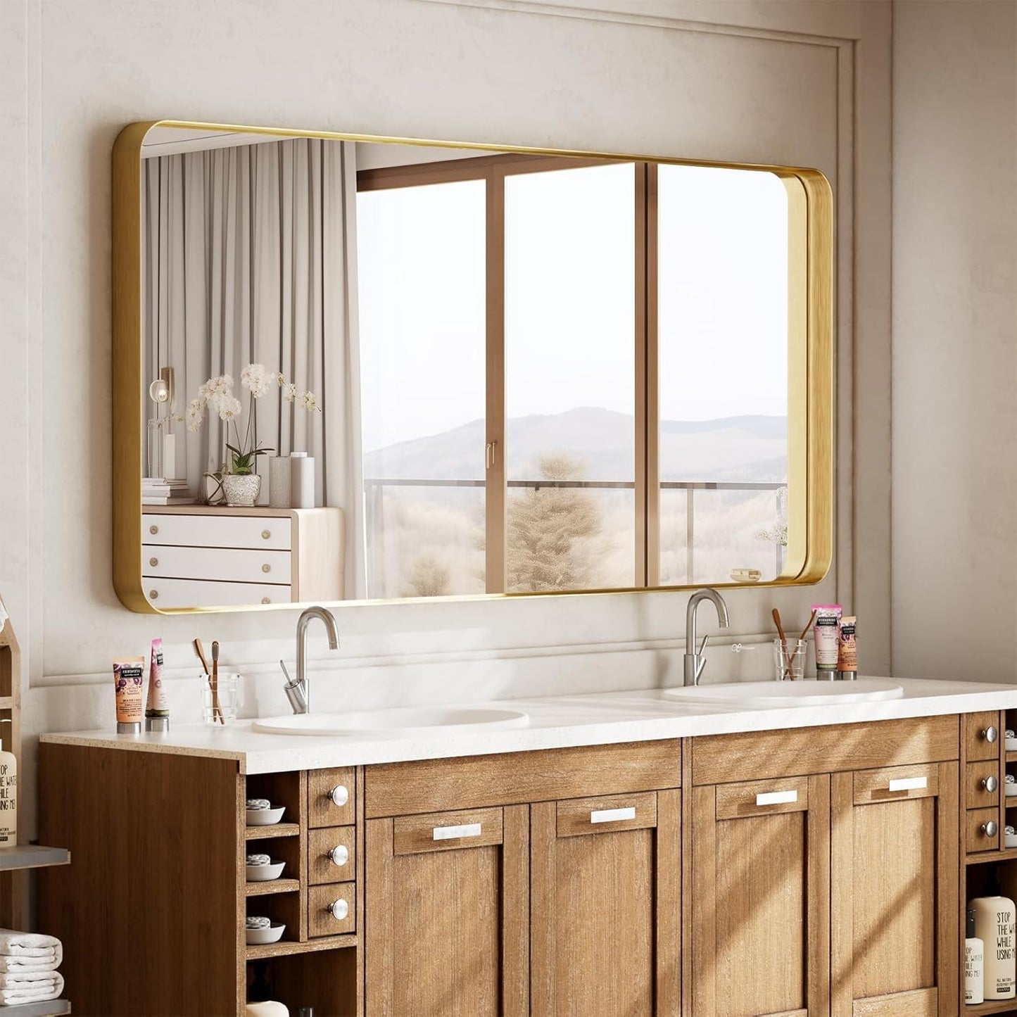 Large Bathroom Mirror 30x56 inch, Gorgeous Deep Frame Wall Vanity Mirror for Over Sink with Shatterproof Tempered Glass, Hanging Horizontal or Vertical, Gold