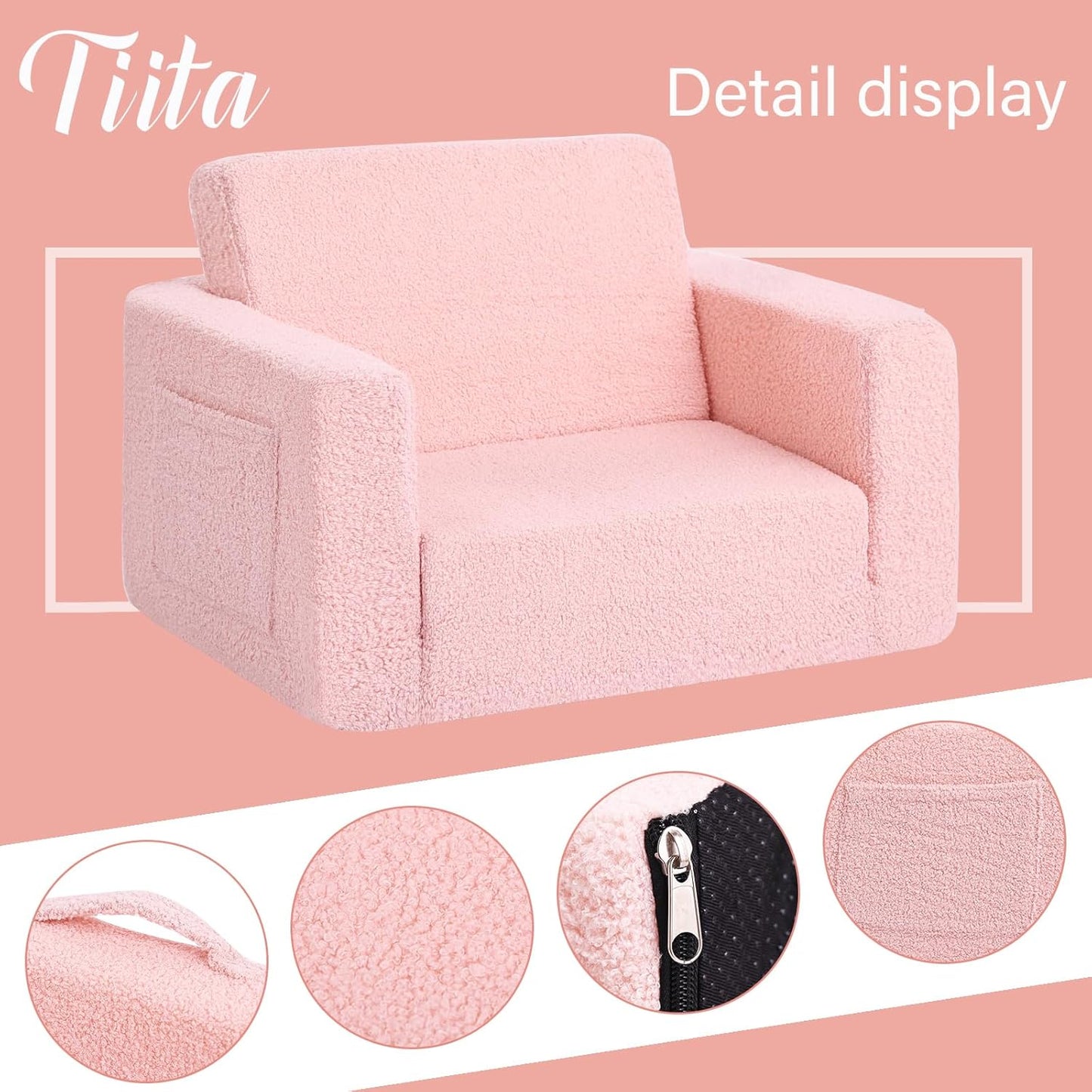 Tiita Kids Chair Couch, Folding Toddler Comfy Sofa Chairs, 2-in-1 Kids Plush Sofas Fold Out, Baby Armrest Chair Sofa to Lounger, Convertible Play Sofas to Bed for Girl or Boy, Pink