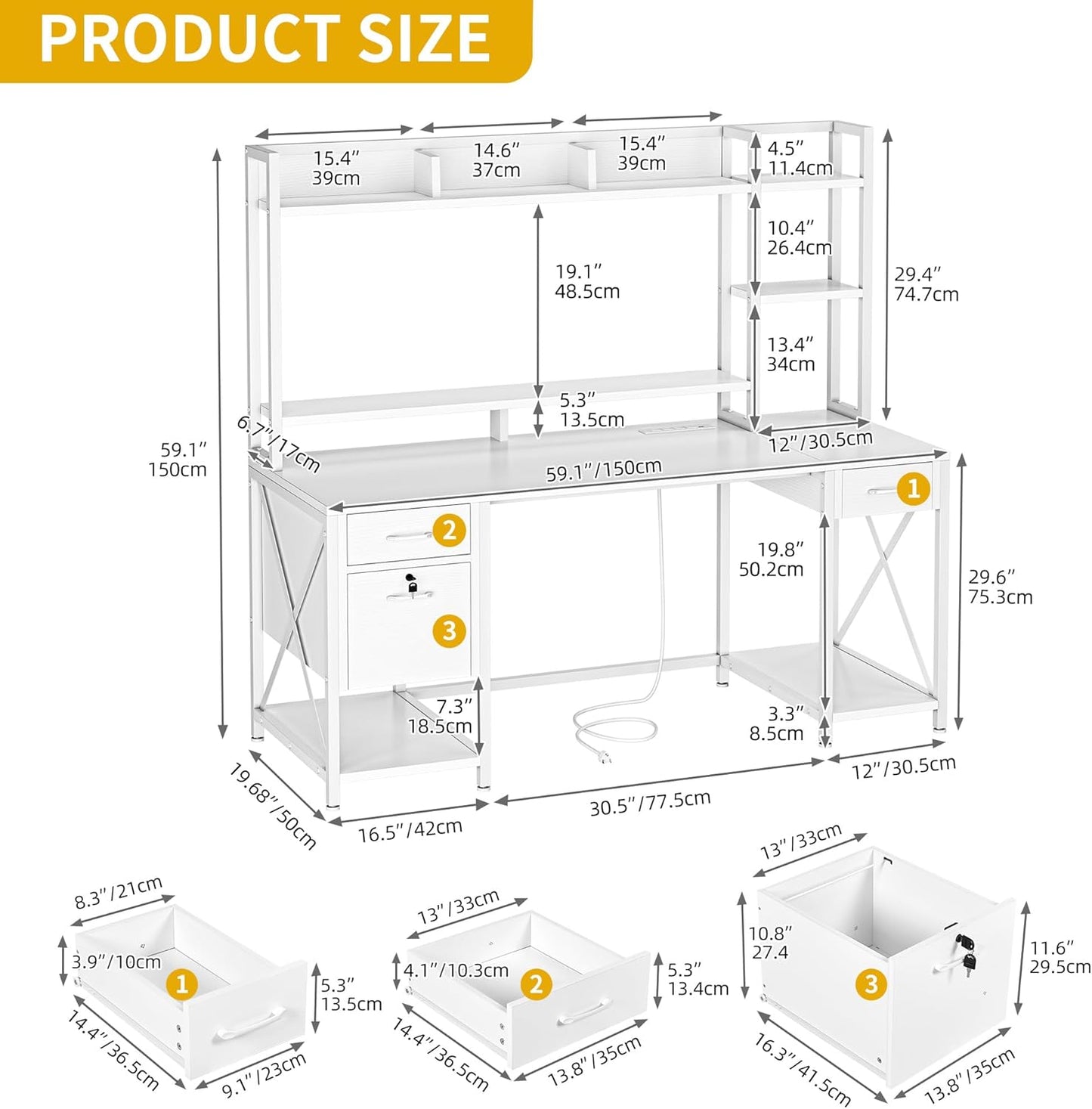 DWVO Computer Desk with Drawers & Hutch, 59.1" Office Desk with Power Outlets & LED Lights, Home Office Desk with Storage Shelves, White
